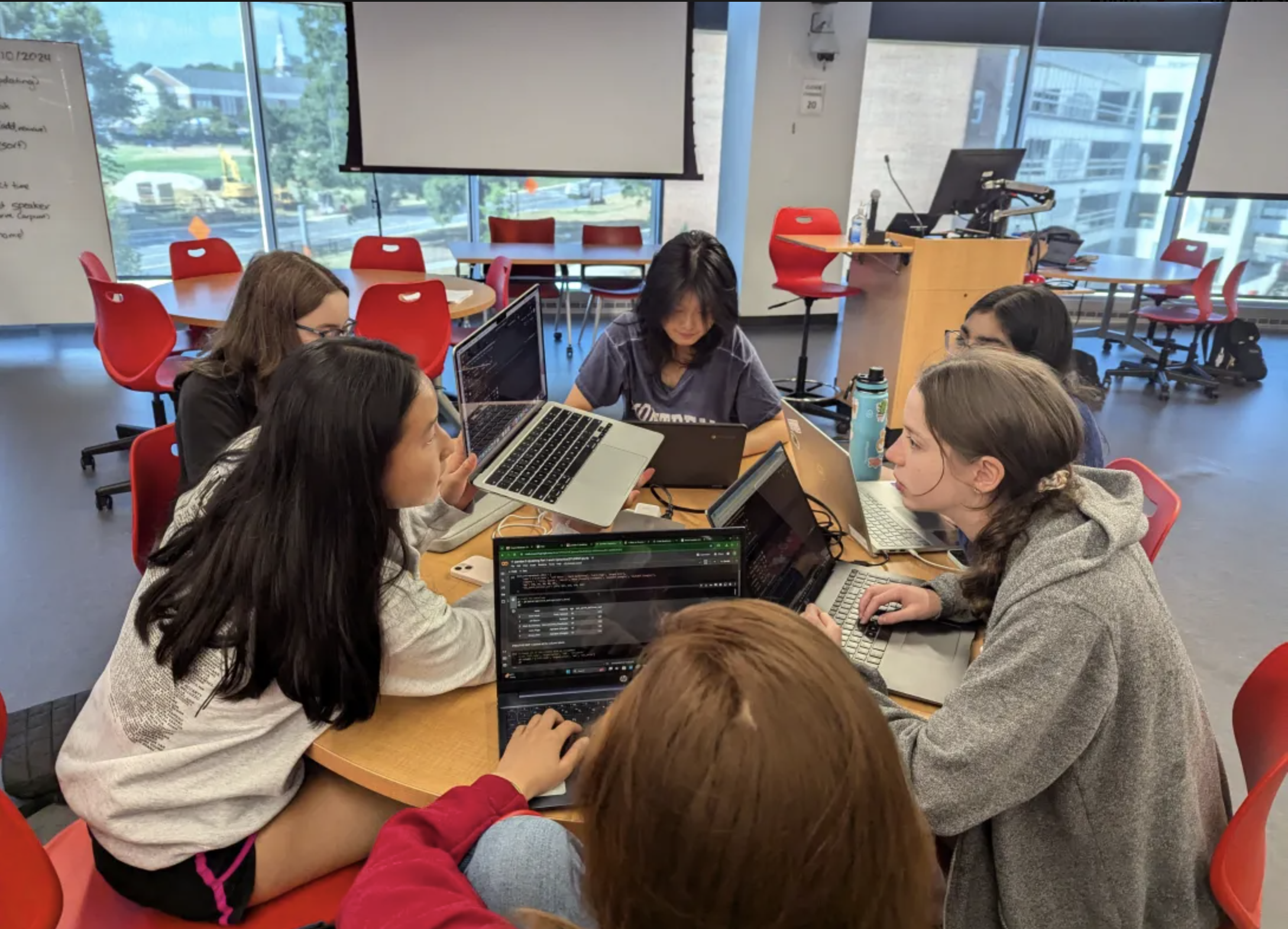six girls collaborating on code