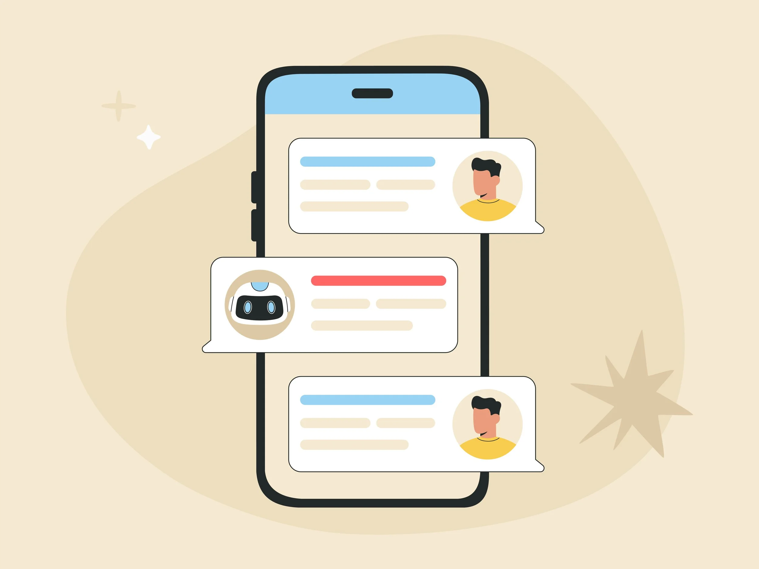 An illustration of a smartphone screen showing a text message conversation between a person and an AI chatbot.
