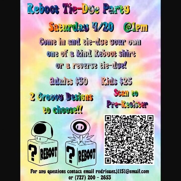 Tie Dye Time!!! Link in bio for registration and more info....

Tie Dye/Reverse Tie Dye your favorite limited edition Reboot T-Shirt Saturday April 20th. Stay Groovy🤙🍻🎮🕹️🕶️

Hosted By: @itsjeffe__

@cityofdunedin @visitdunedinflorida @dunedinisa