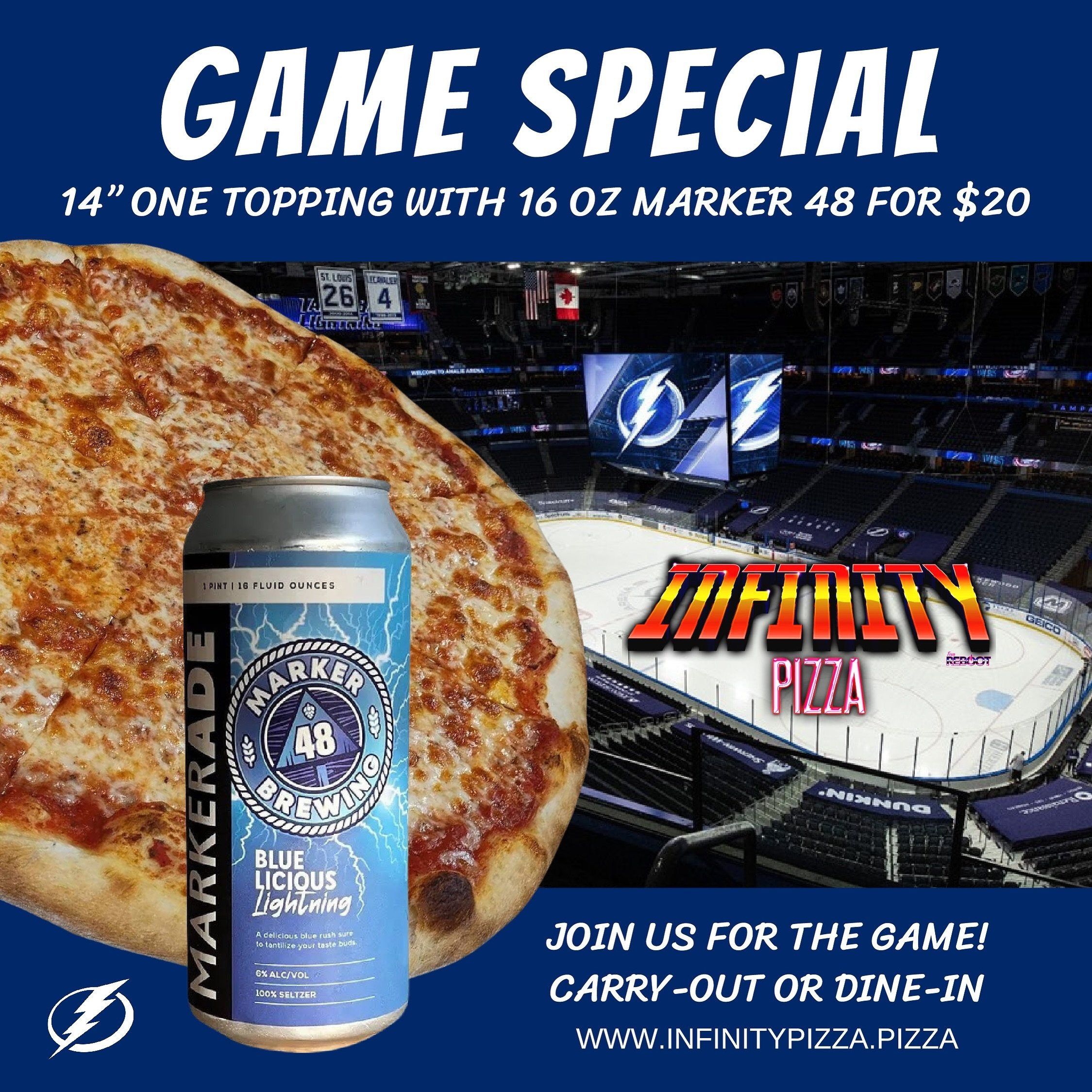 TONIGHT⚡️
Score big with our Game Day Special during the Tampa Bay Lightning game, facing off against the Blue Jackets! 🏒 

Fuel up with a 14&rdquo; one-topping pizza and a 16oz Marker 48 to wash it down for just $20! 
Dine-in or carry-out, the choi