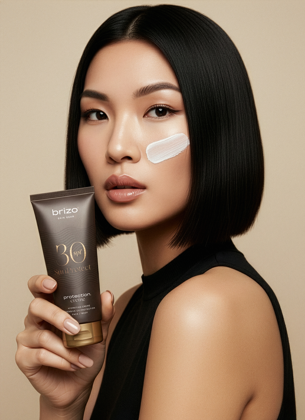 Product lifestyle photography image Brizo sun protection cream UV protection SPF  beauty cosmetics AI content creation creator product design image retouch
