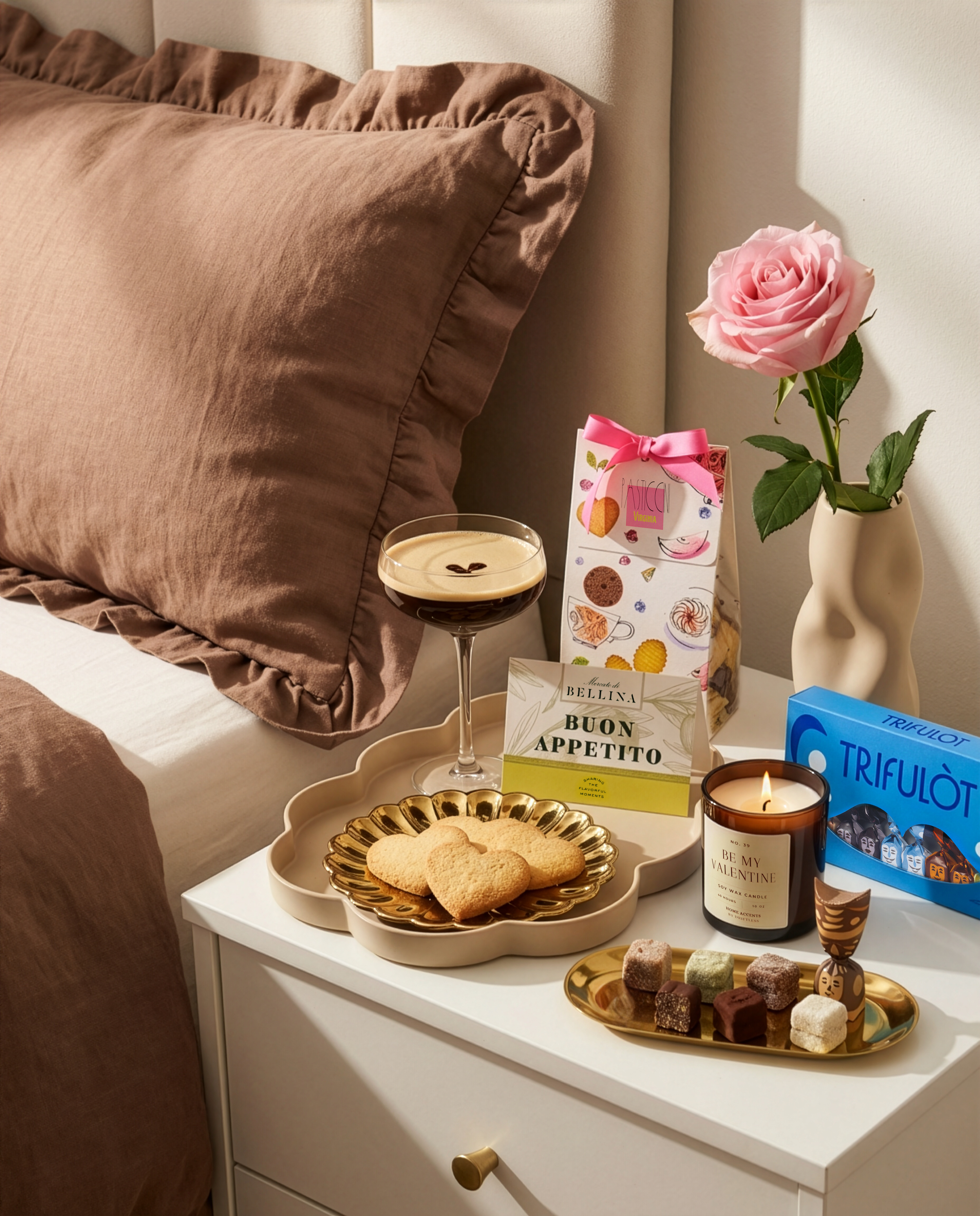 Product lifestyle photography image Mercato di Bellina gift baskets Valentine's gift basket cookies truffle chocolates espresso martini cube trifulot Be My Valentine AI content creation creator product design image retouch