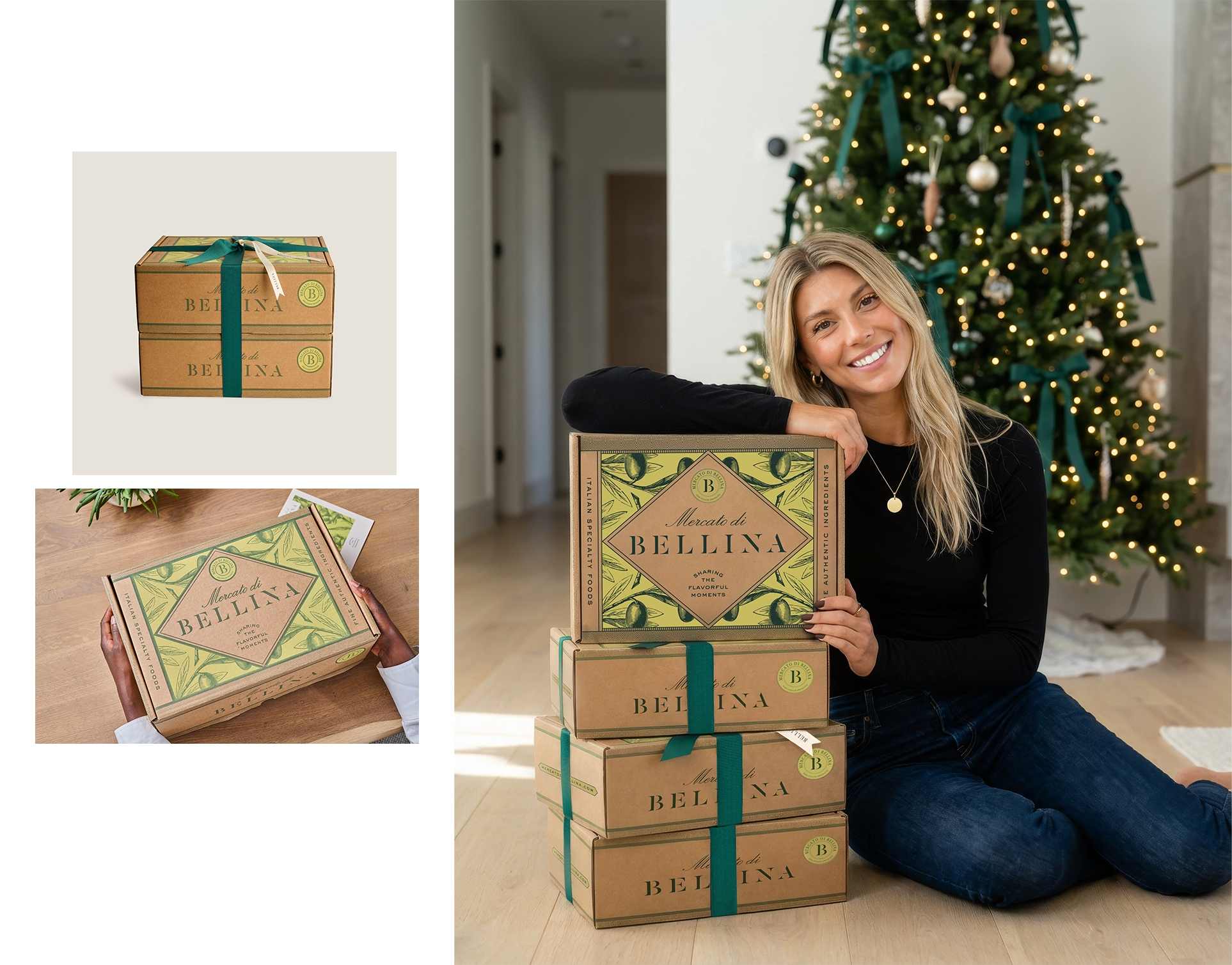 A woman sitting by a Christmas tree holding a box labeled "Mercato di Bellina" with three more similar boxes stacked in front of her. The boxes are decorated with green and beige designs, featuring olives and leaves.