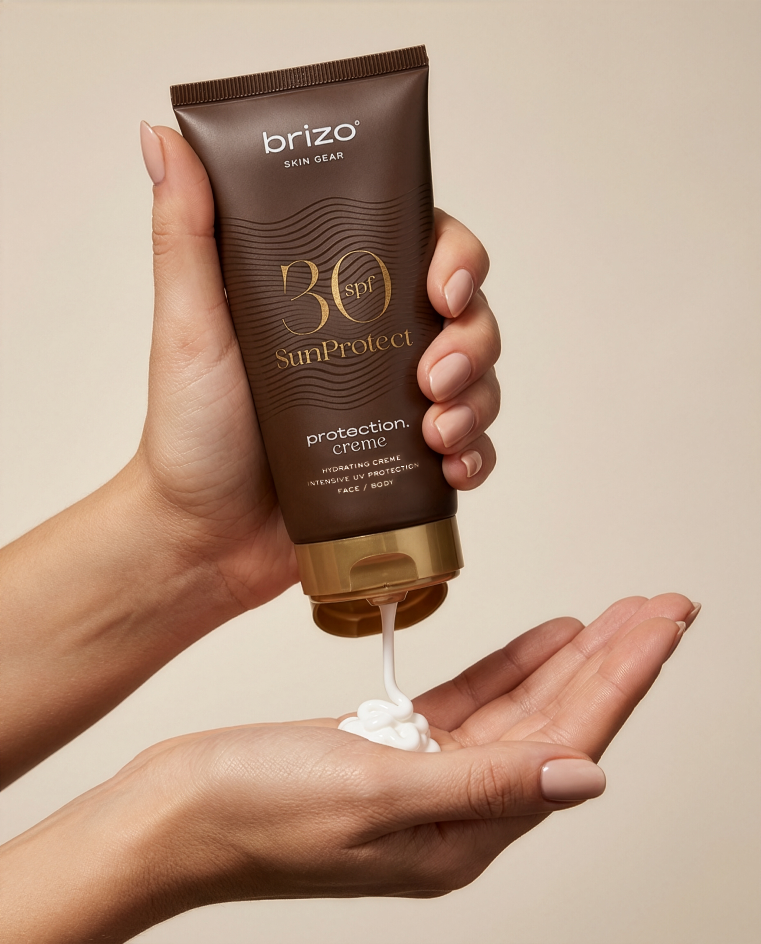 Product lifestyle photography image Brizo sun protection cream UV protection SPF  beauty cosmetics AI content creation creator product design image retouch