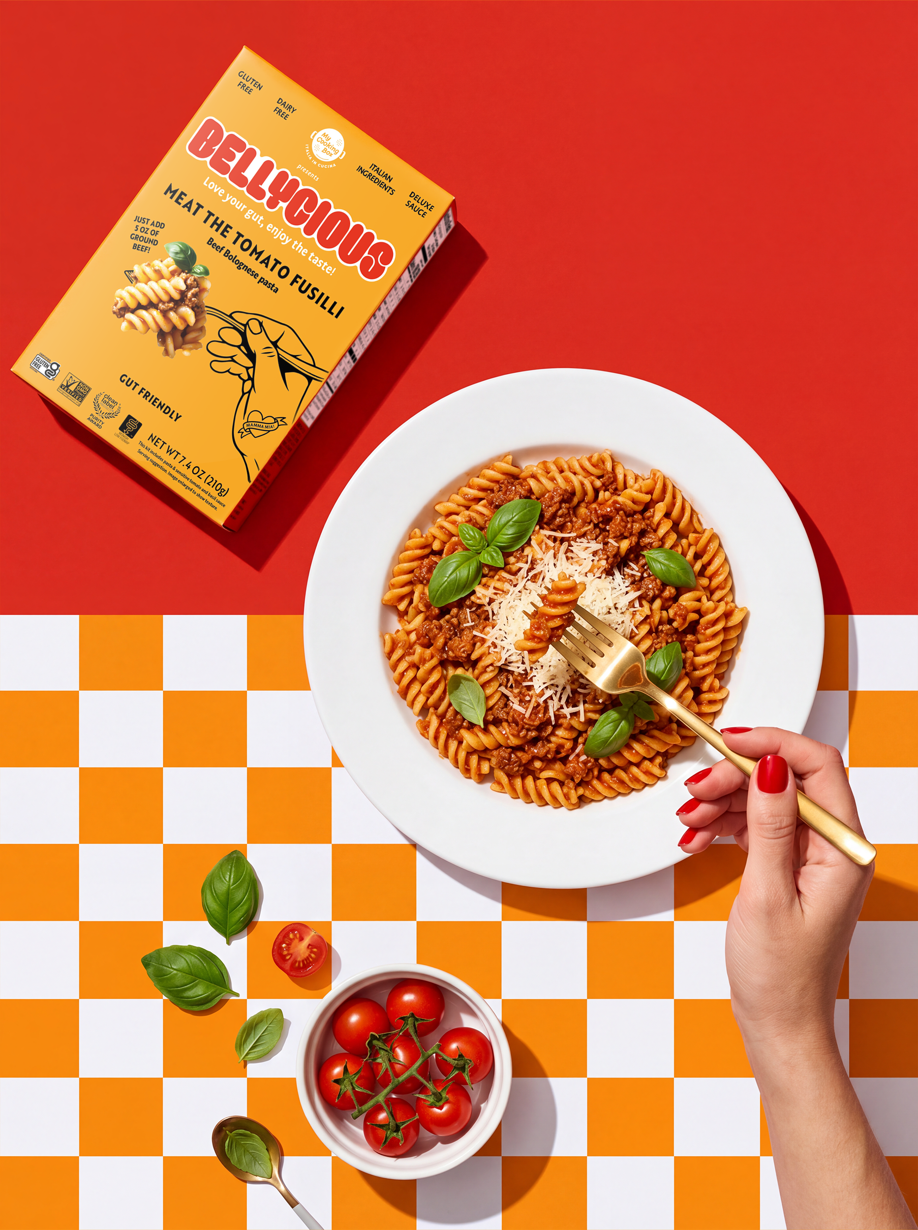 Bellycious pasta meal kit food product ecommerce design designer Amazon Walmart lifestyle AI product retouch pop art