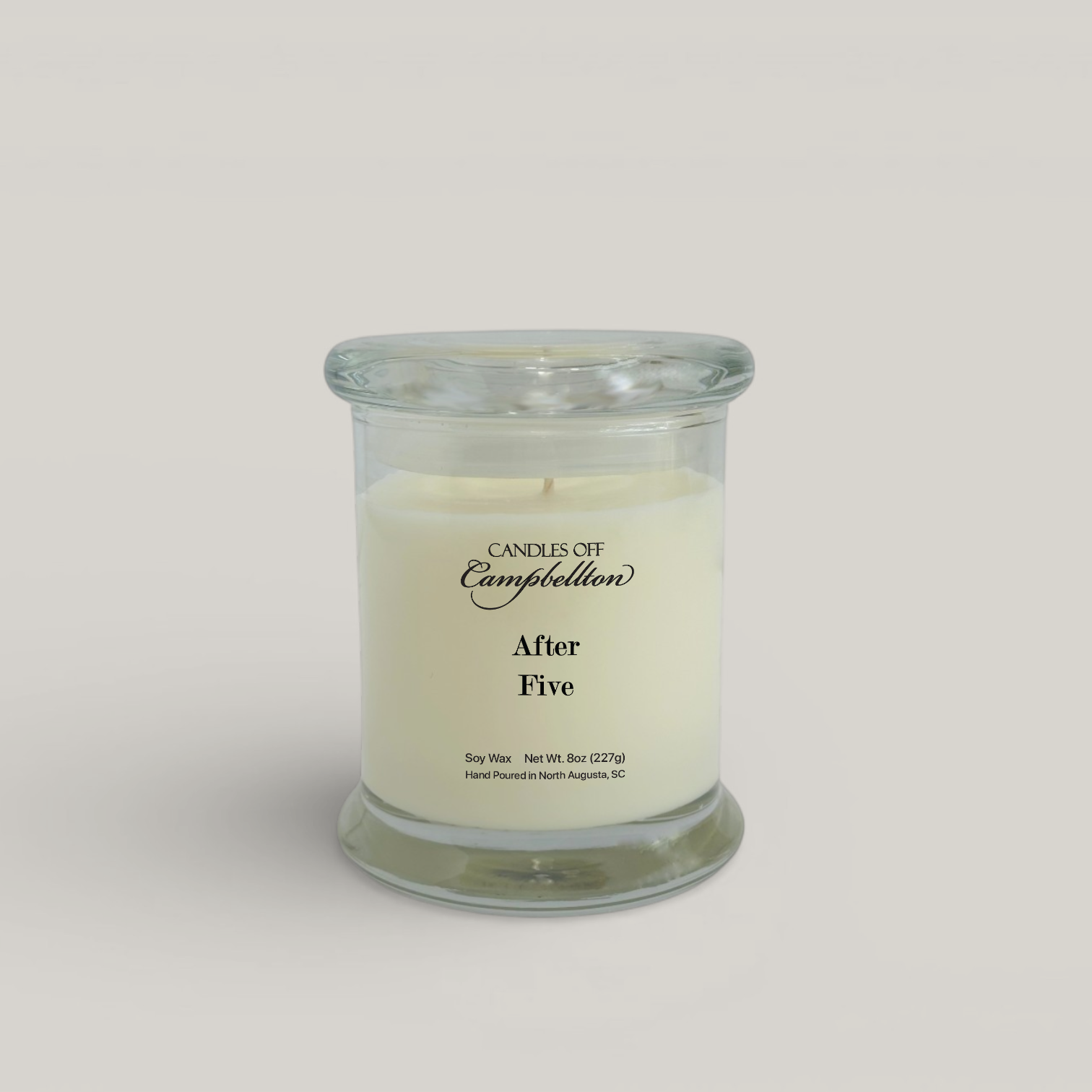 After Five soy candle with red currant fragrance in clear glass jar