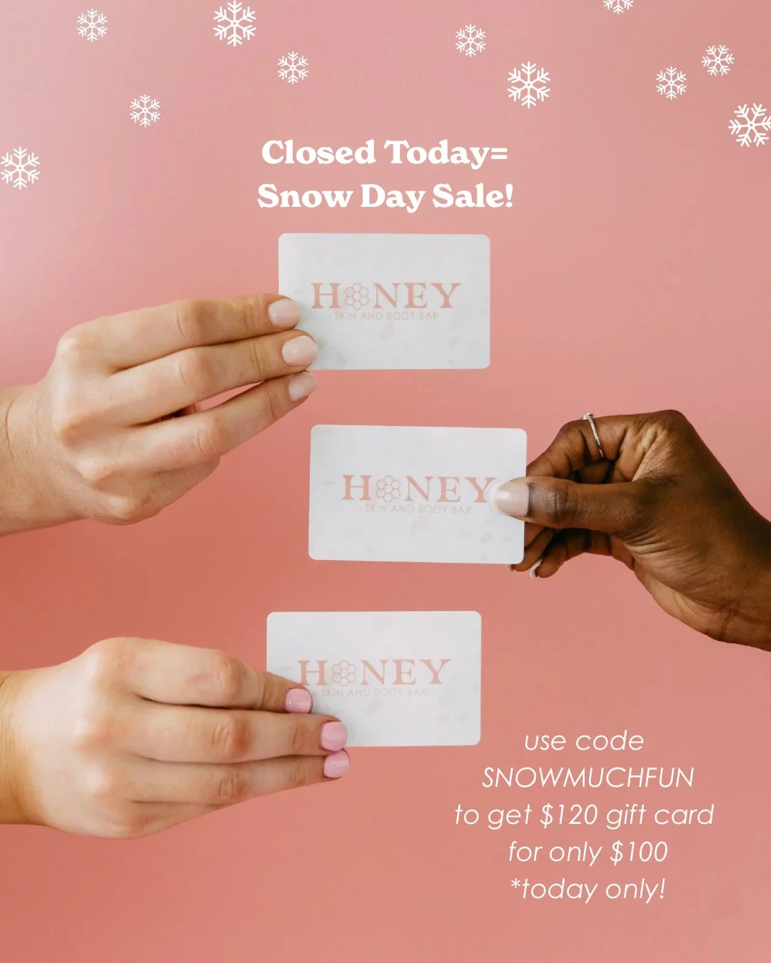 We&rsquo;re closed today due to the weather ❄️ But while we&rsquo;re snowed in, we&rsquo;re having a little snow day gift card flash promo 
✨ Get a $120 gift card for ONLY $100 🕒 TODAY ONLY ❄️Use code SNOWMUCHFUN
Perfect for future self-care (or Gal