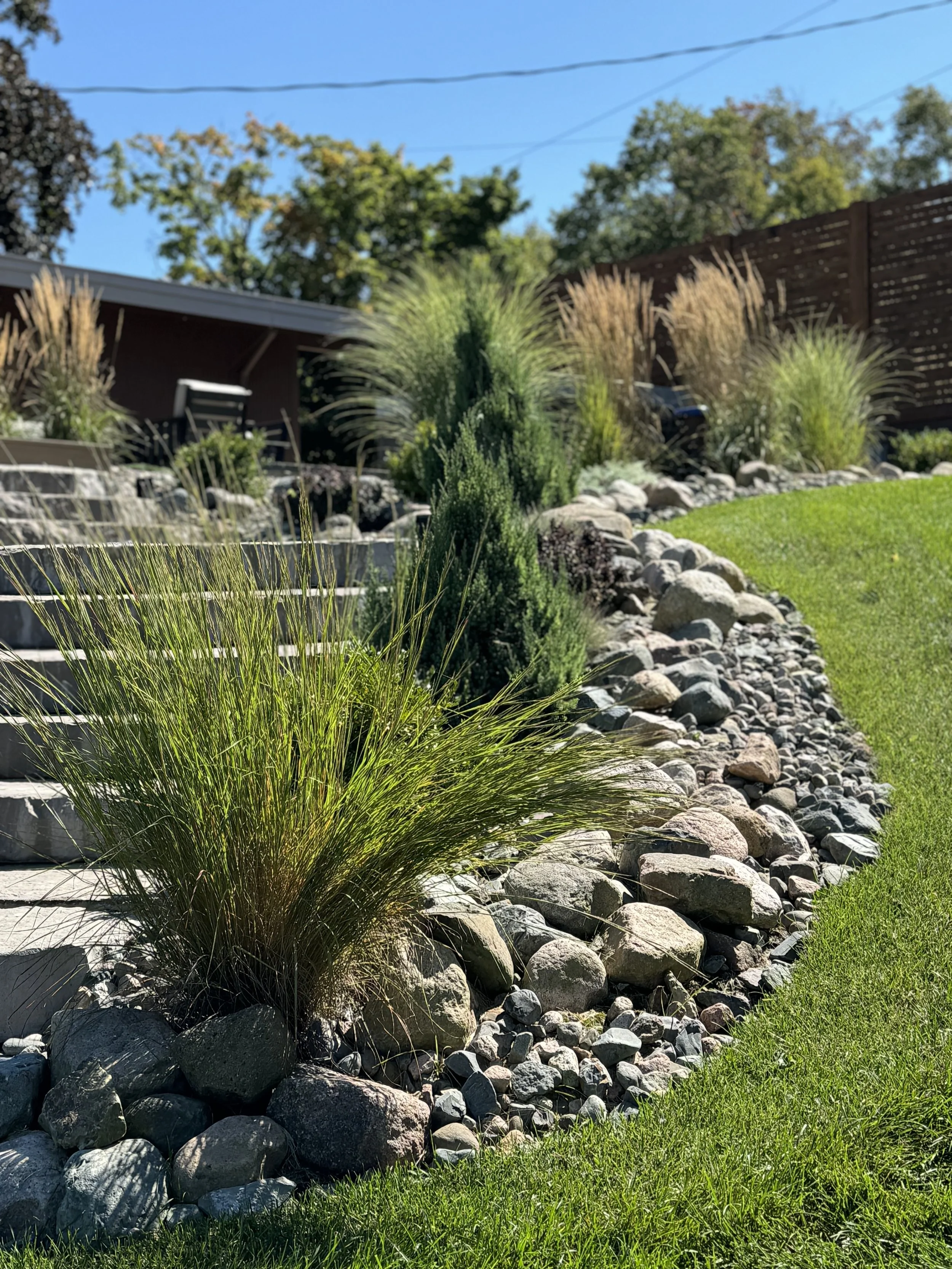 Sustainable Low Maintenance Garden Design. After Steep Slope Stair Installation. Millidgeville 2023