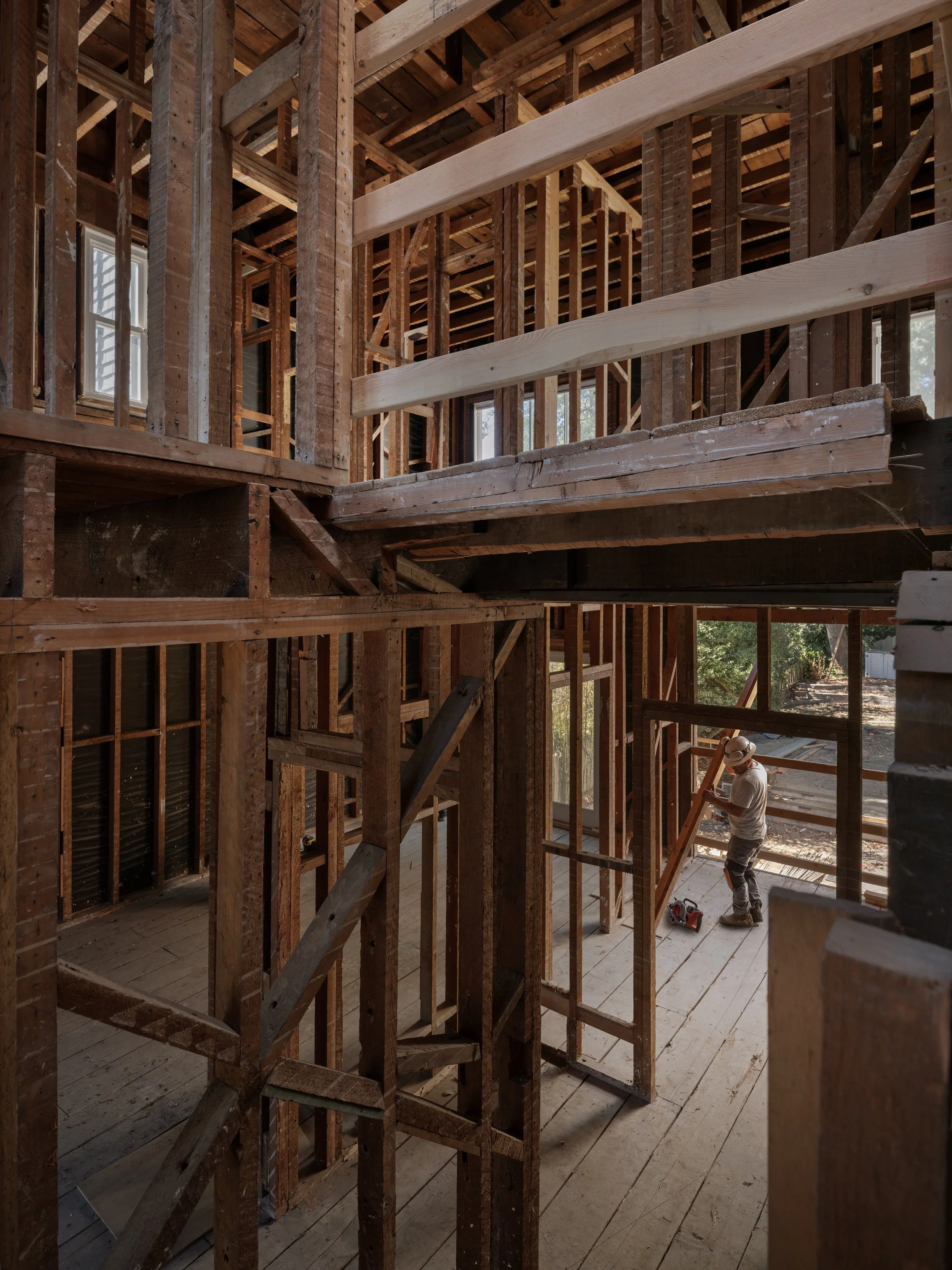BEHIND THE SCENES 
Our full-home renovation in Noe Valley has reached an exciting stage. With most of the interior demolition complete, the upper floors are now stripped back to their original wood framing, offering a rare look at the bones of the ho