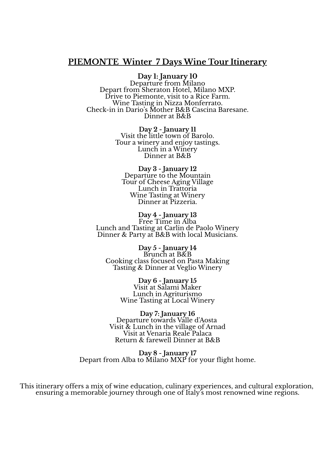 Schedule for a 7-day wine tour in Piemonte, Italy, detailing daily activities such as winery visits, tastings, dining, and travel plans.