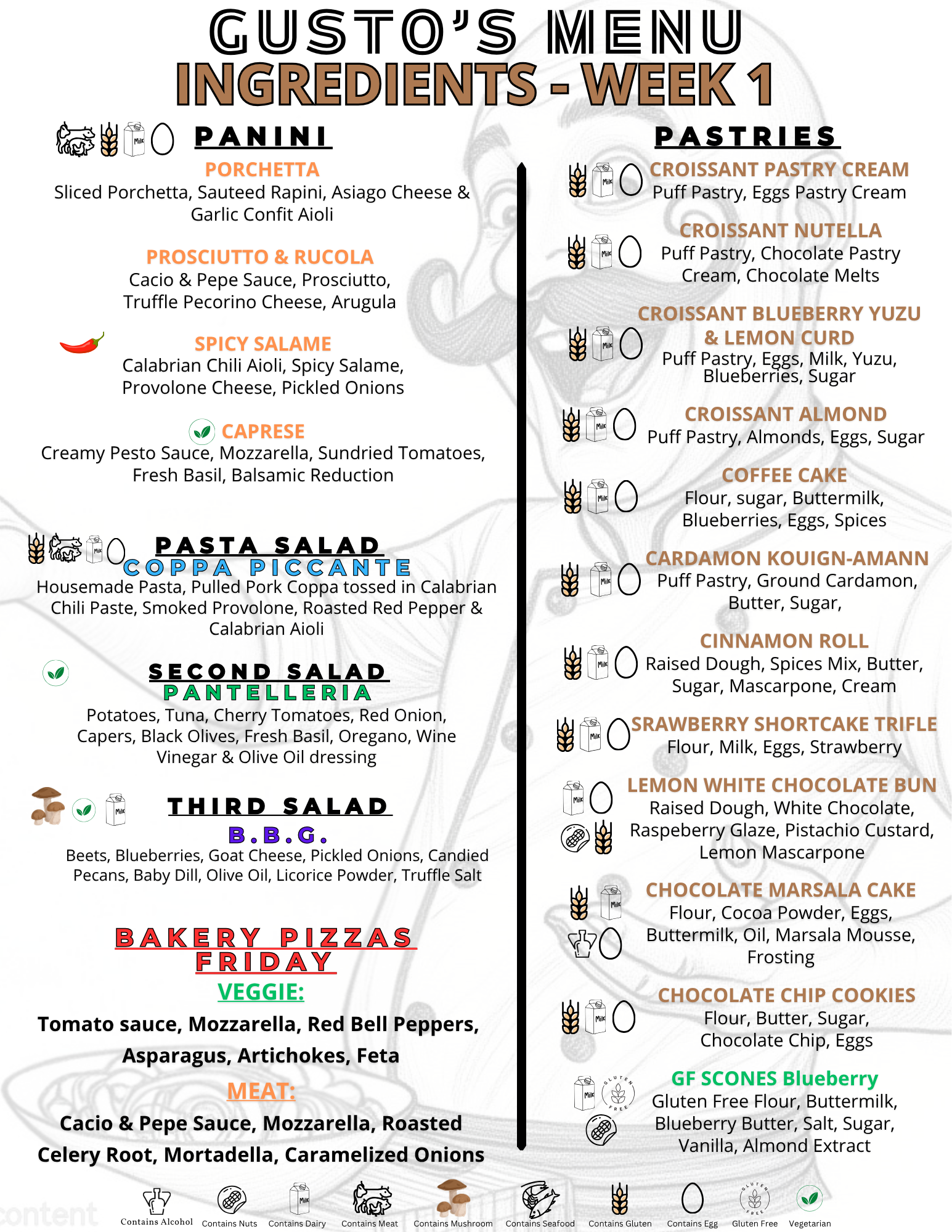 Gusto's menu with sections for ingredients, salads, bakery, and veggie options, featuring icons for allergens like nuts, dairy, meat, mushrooms, seafood, gluten, eggs, and vegetarian options.