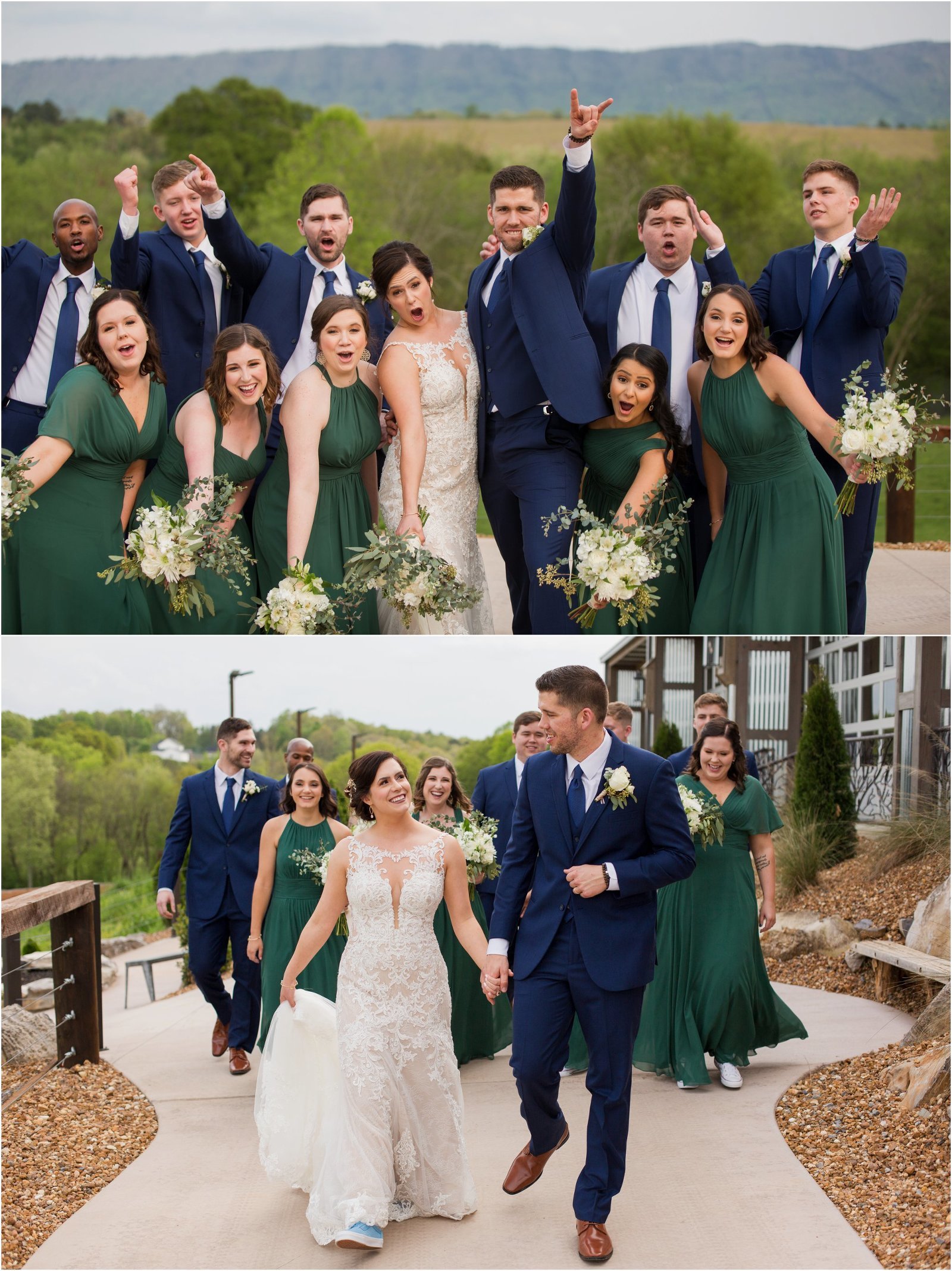 Bridal party making faces and posing with East Tennessee mountains in background