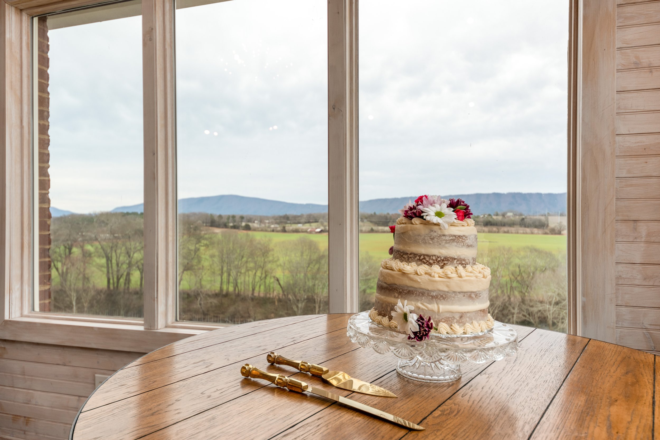 Intimate wedding venue in Eastern Tennessee, Ocoee Crest. Wedding cake in front of windows overlooking mountains.