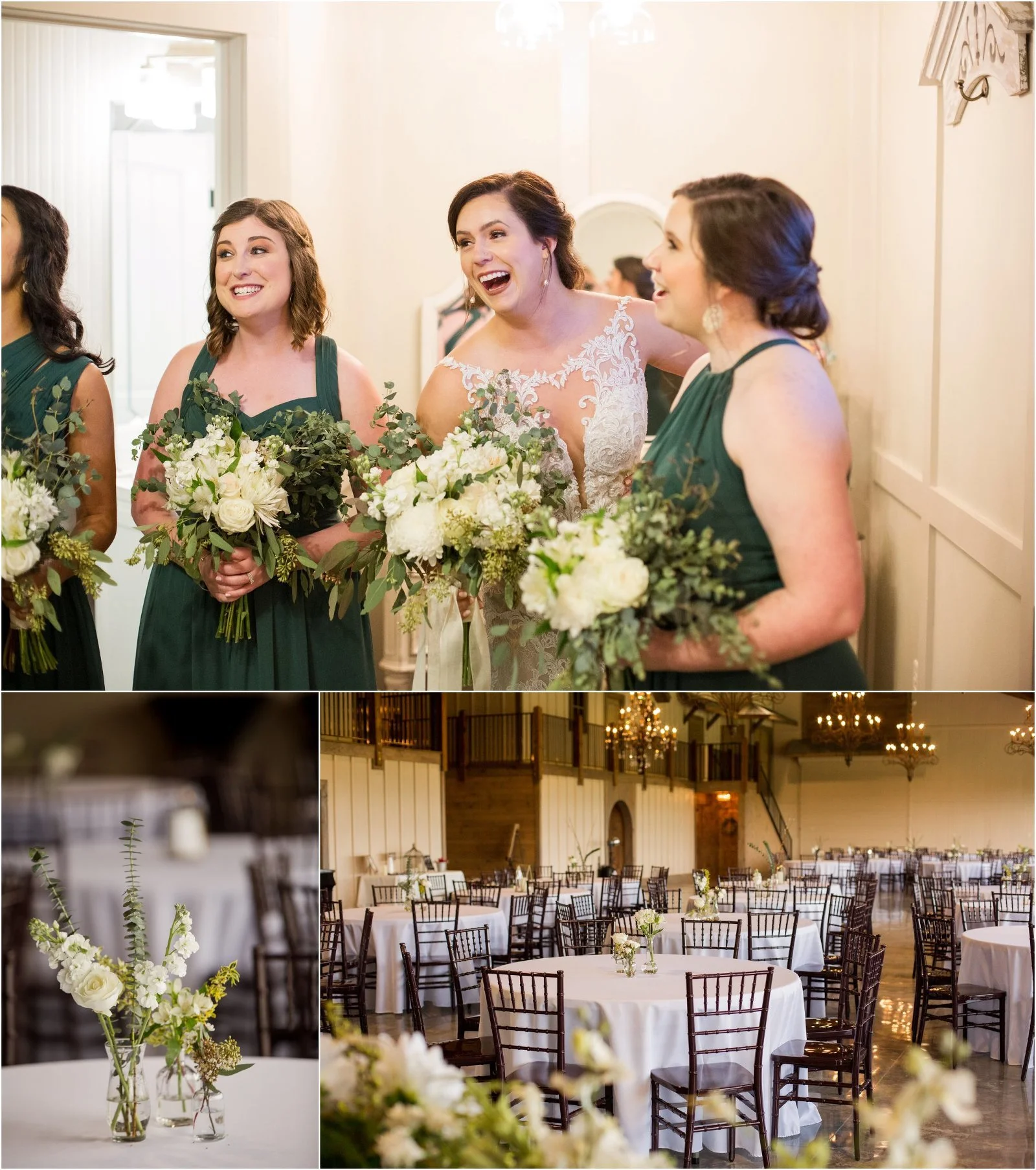 Bridesmaids in green dresses laughing with bride