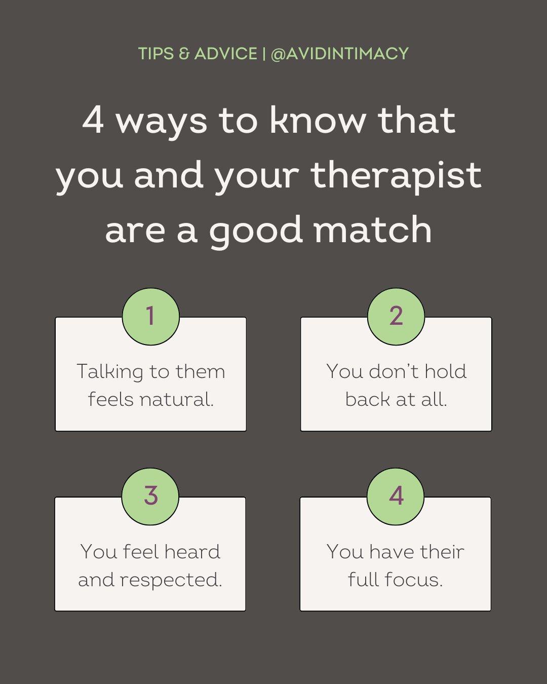 How do you know if you and your therapist are a good match? 💭 ⁠
⁠
For starters, it should feel natural. Sure &ndash; the first session or two might make you a little nervous (totally normal!) but as time goes on, talking together should feel like sp