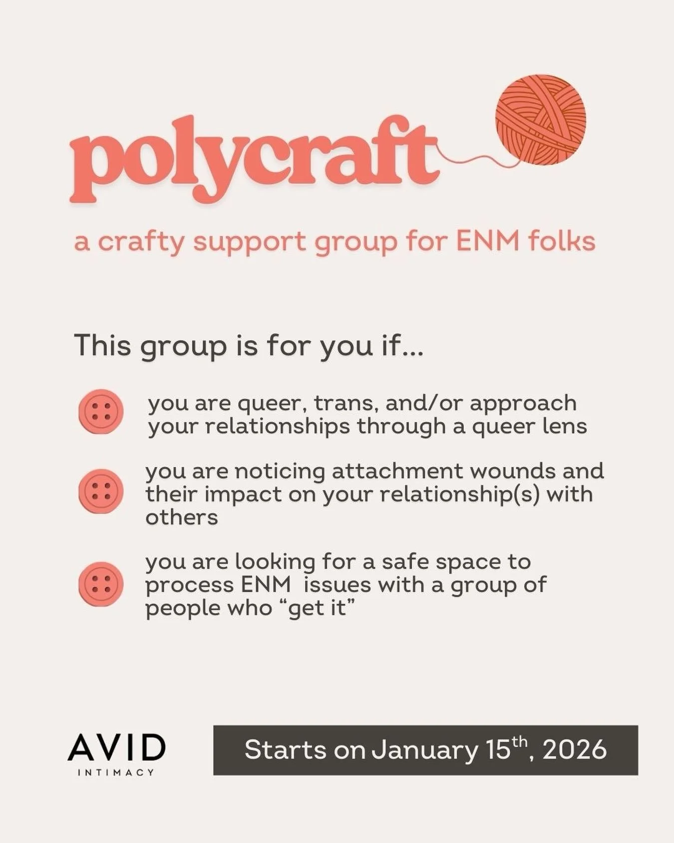 Crafting AND talking about our relationships?! If this isn&rsquo;t heaven I don&rsquo;t know what is. AVID Intimacy is launching Polycraft, a crafty support group for ENM folks. 

Led by Sophie Tobin, AMFT, this group is for those who are struggling 