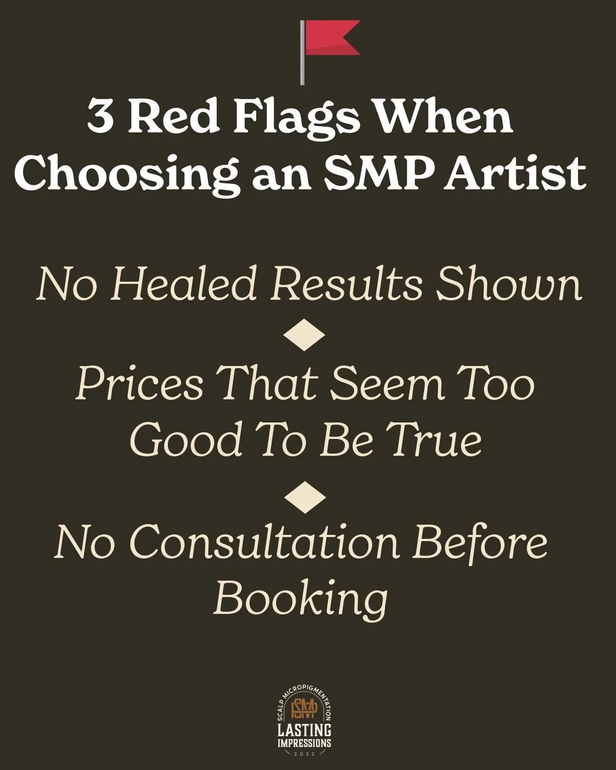 If you&rsquo;re thinking about getting SMP, pay attention to the red flags 🚩

This isn&rsquo;t a haircut or a tattoo you can hide, it&rsquo;s on your head, every single day.

Be cautious of artists who:
1️⃣ Don&rsquo;t show healed results (not just 