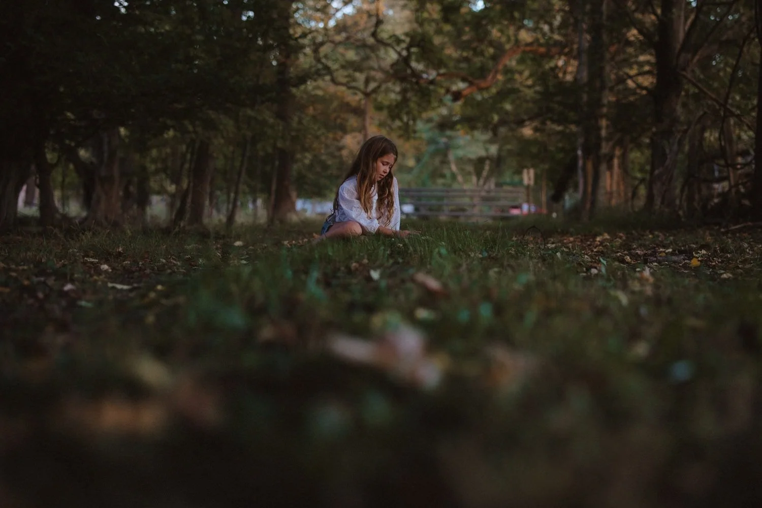 A young girl with long hair, wearing a white shirt, crouches on the grass in a park surrounded by trees, appearing to be reading a book or looking at something in her hands during dusk or early evening.