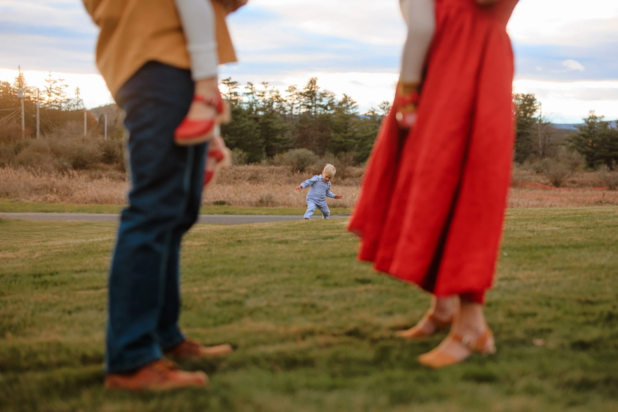 A young child is playing outdoors on a grassy area, with two adults standing nearby in the foreground. The background features trees, a partly cloudy sky, and a sunset.