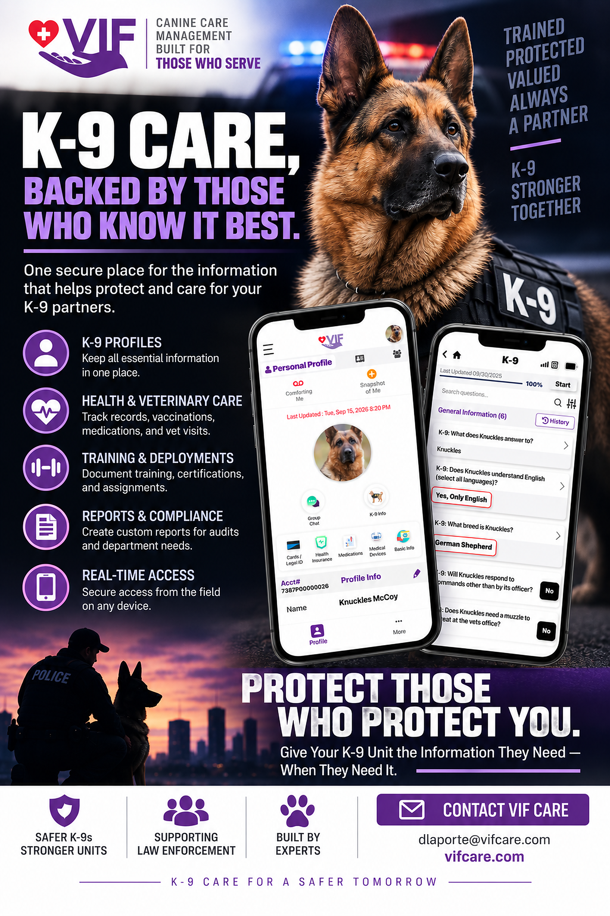 Knuckles McCoy account screens from the VIF K-9 flyer, showing a profile and K-9 information.