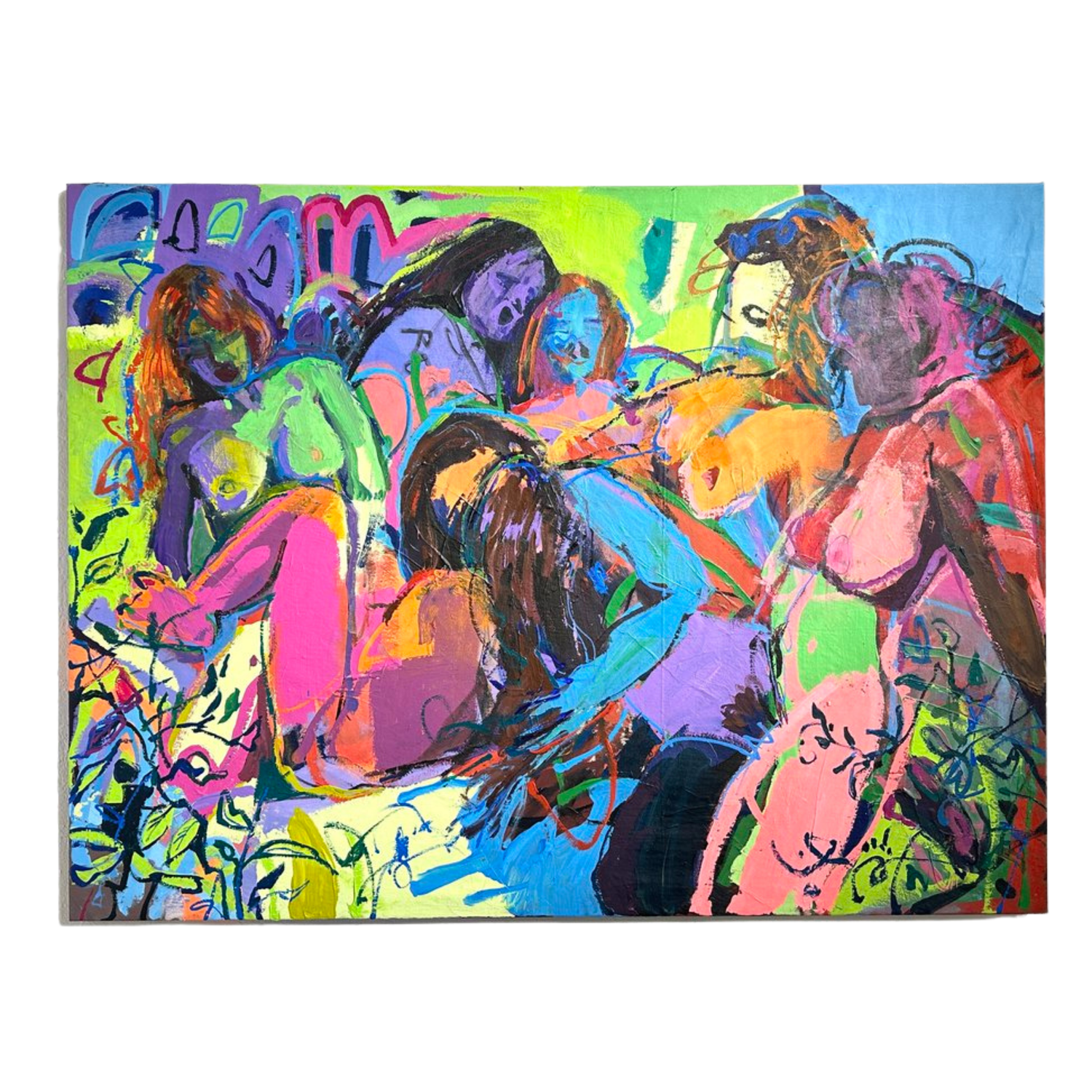 Colorful abstract painting of several nude women lounging together, with vibrant colors and expressive brushstrokes.