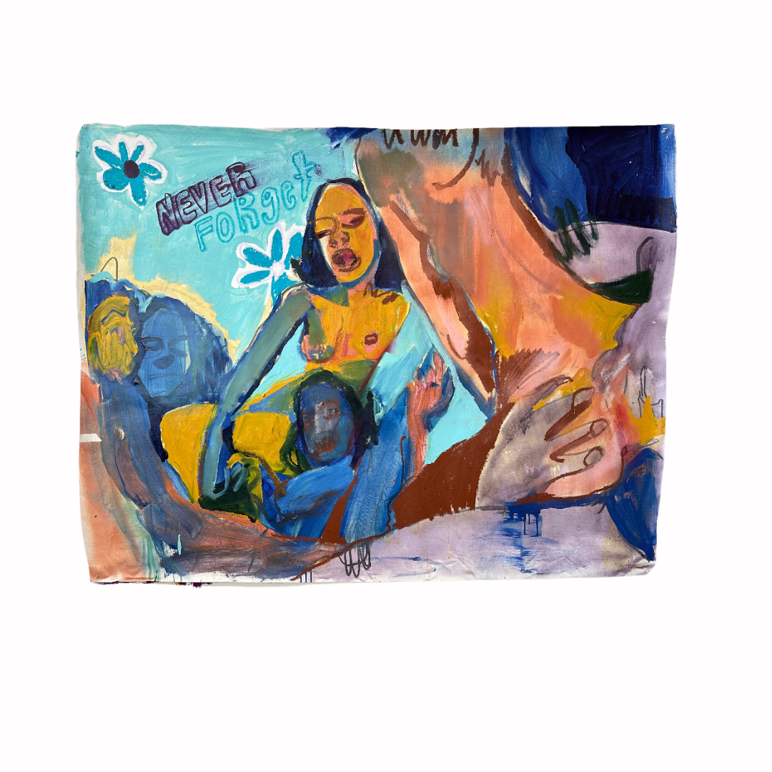 A colorful abstract painting of a woman with black hair and yellow skin, with various other figures and art elements around her, including the words 'NEVER FORGET' in the background.