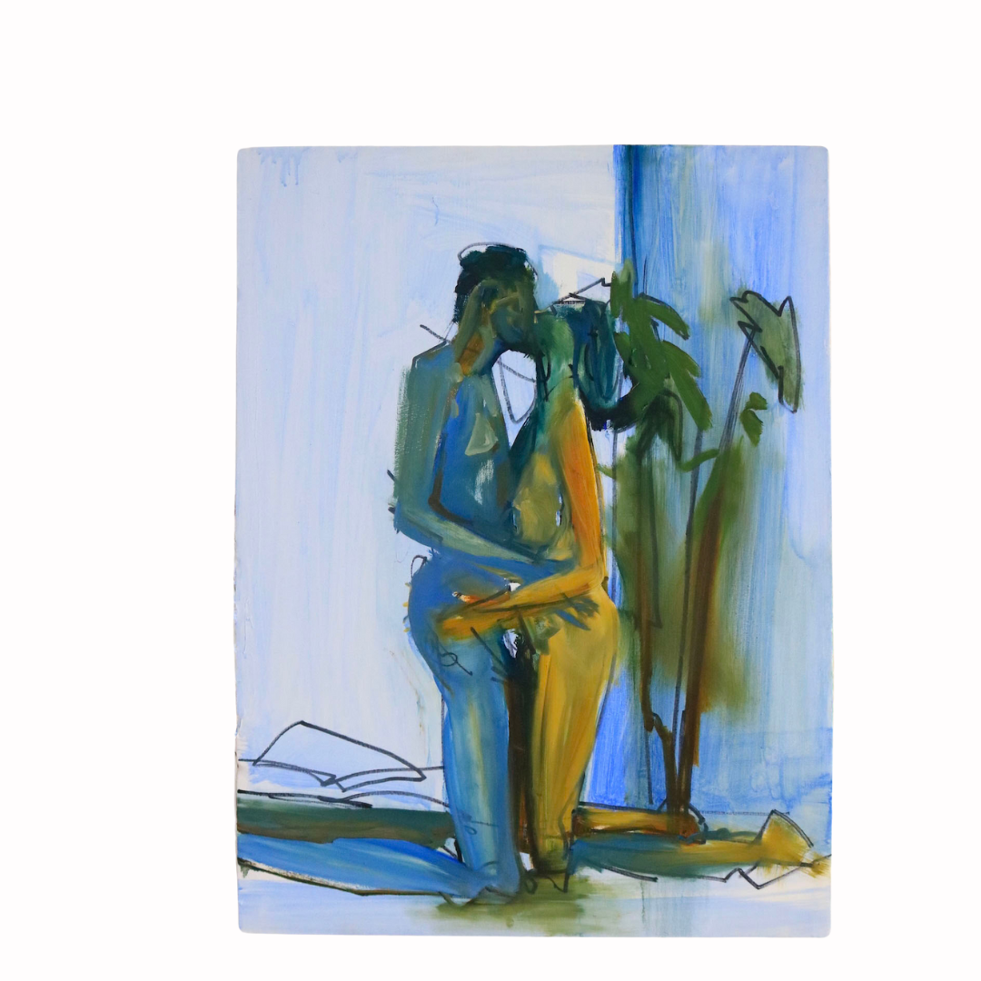 An abstract painting of a nude woman standing next to a green plant indoors, with a book on the floor in front of her.