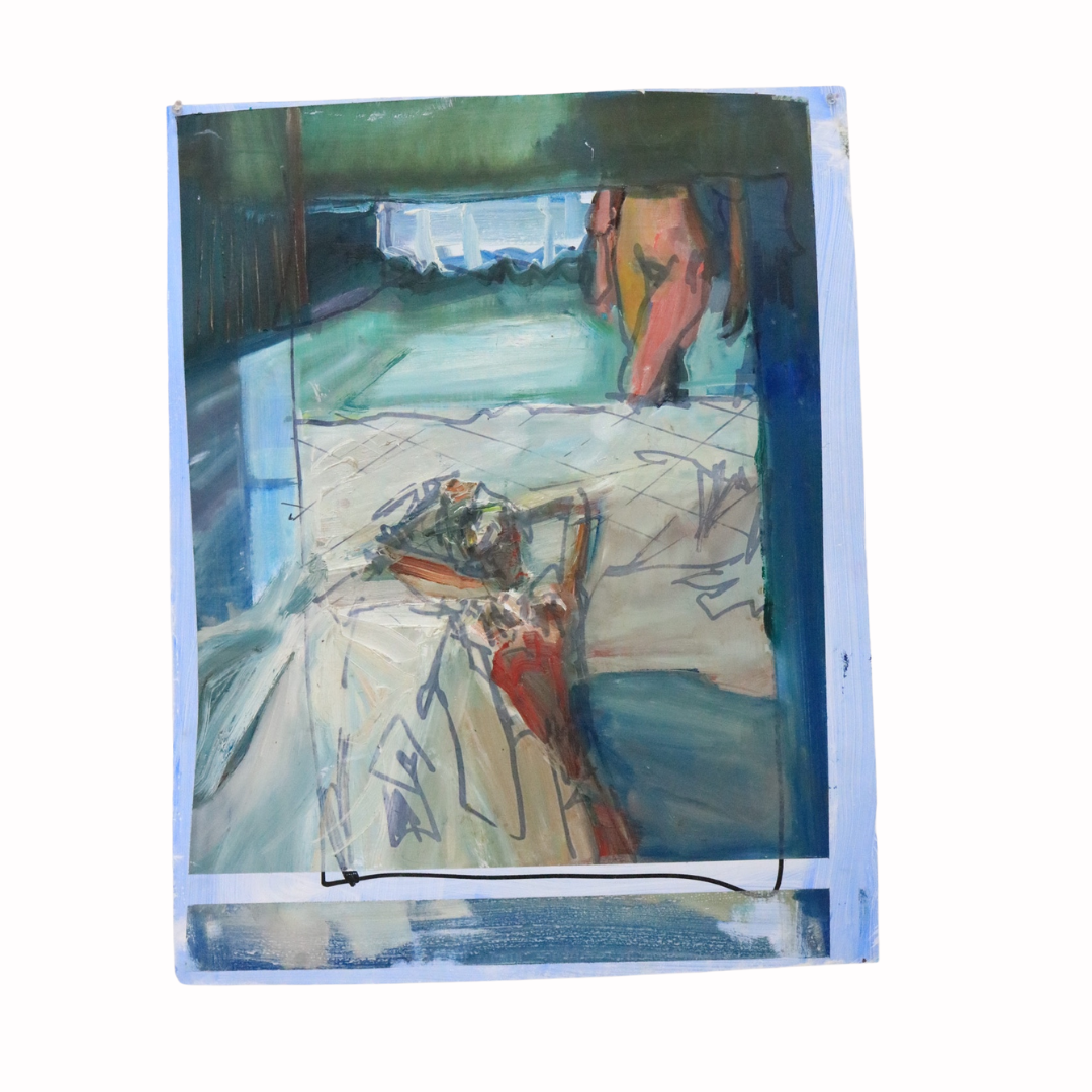 Abstract watercolor painting depicting a window view with a green landscape, red and blue accents, and loose brushstrokes outlining objects and interior elements.