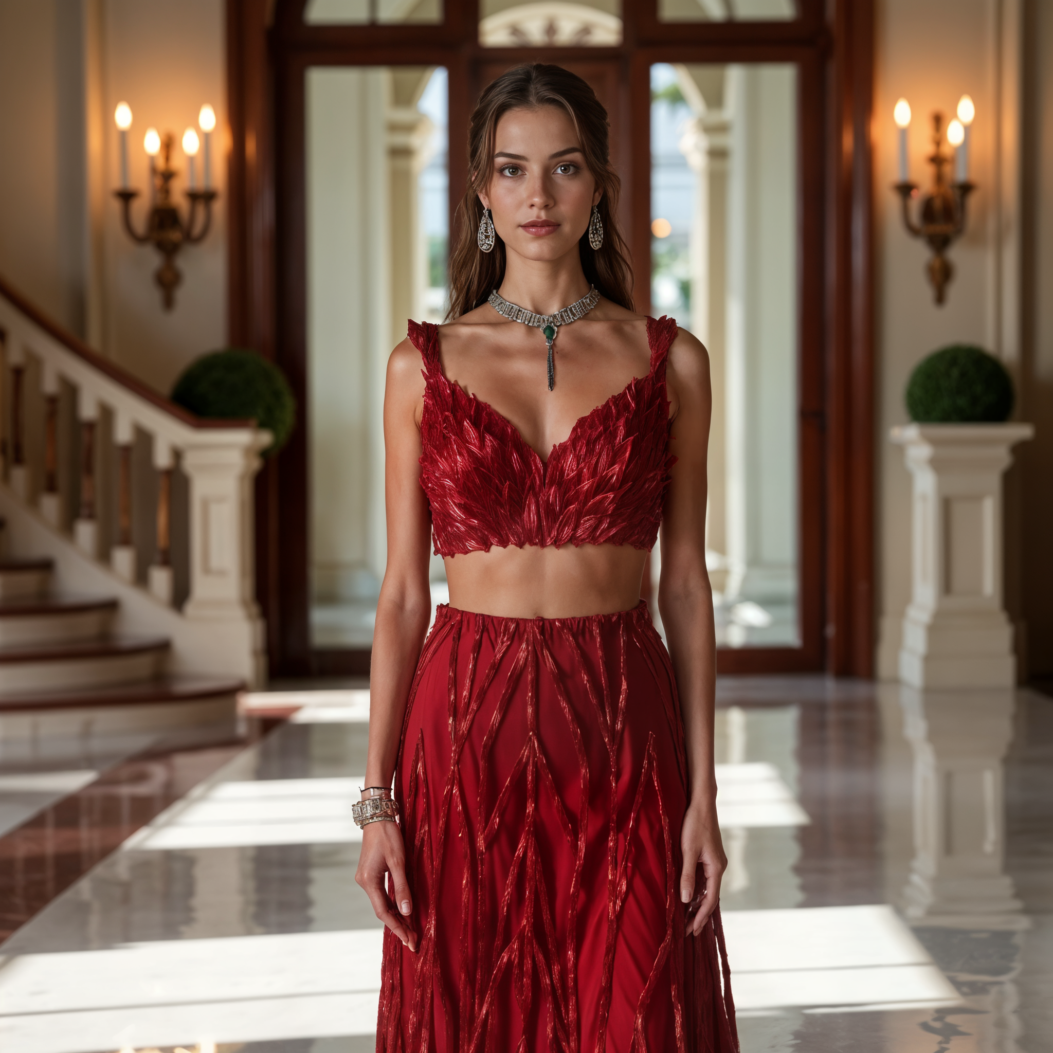 A woman in a red evening gown standing inside a grand, elegant mansion.