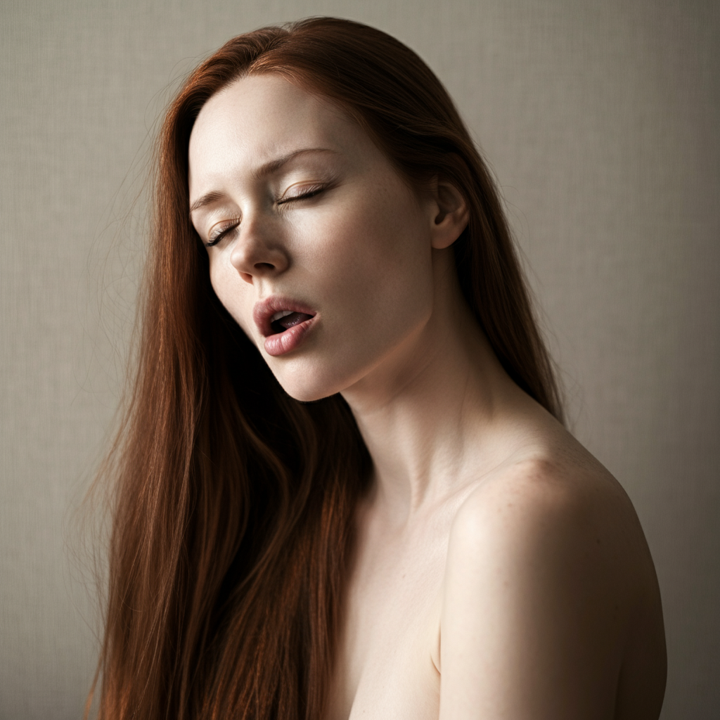 A woman with long red hair and fair skin with her eyes closed and mouth slightly open, posing against a neutral background.