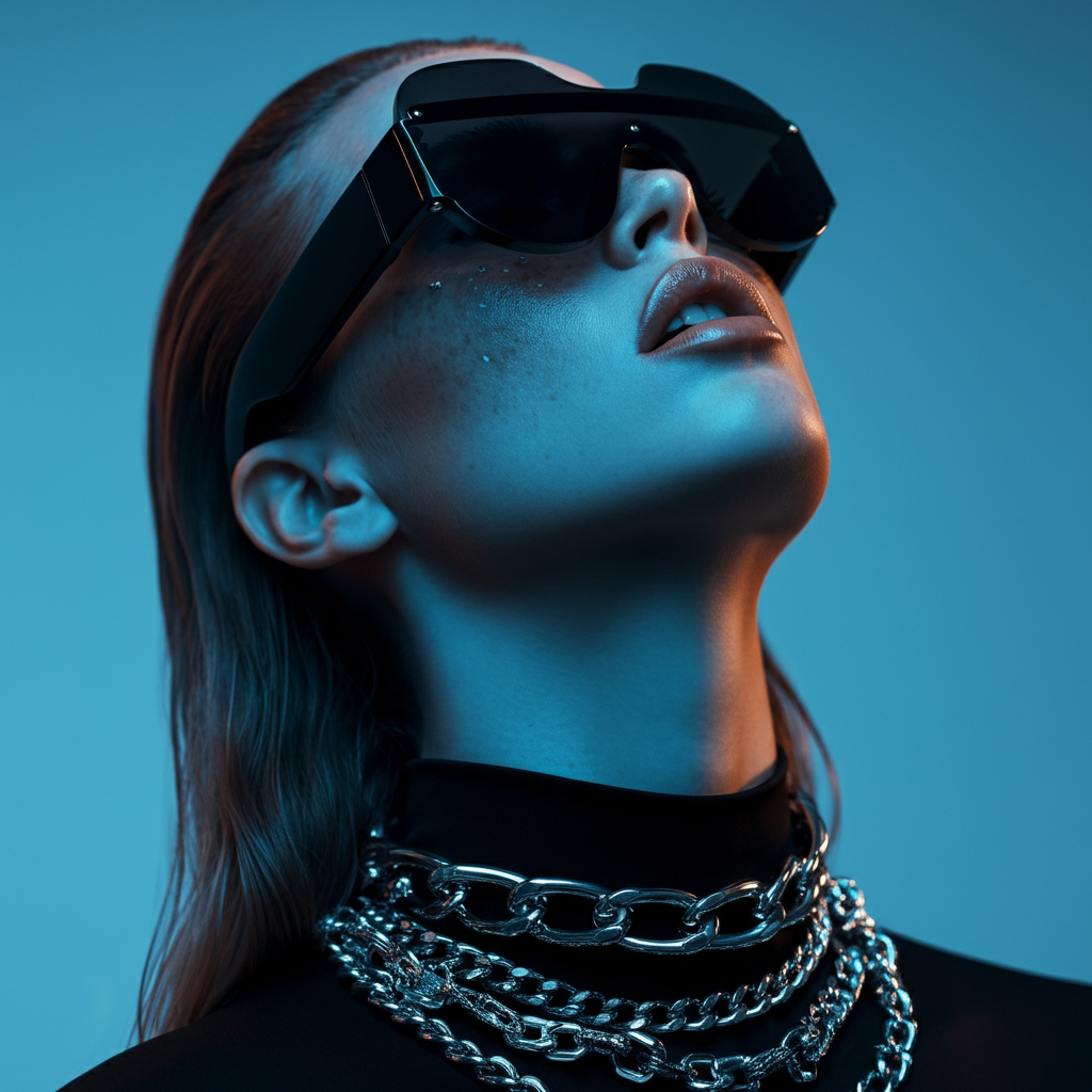 A woman wearing sunglasses and layered silver chains, with her head tilted back and lips slightly parted.