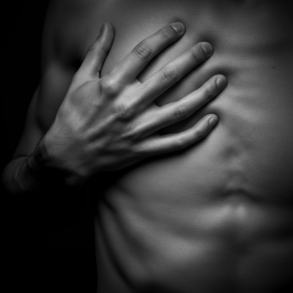 Close-up of a hand with fingers spread, resting on a person's bare chest, in black and white.
