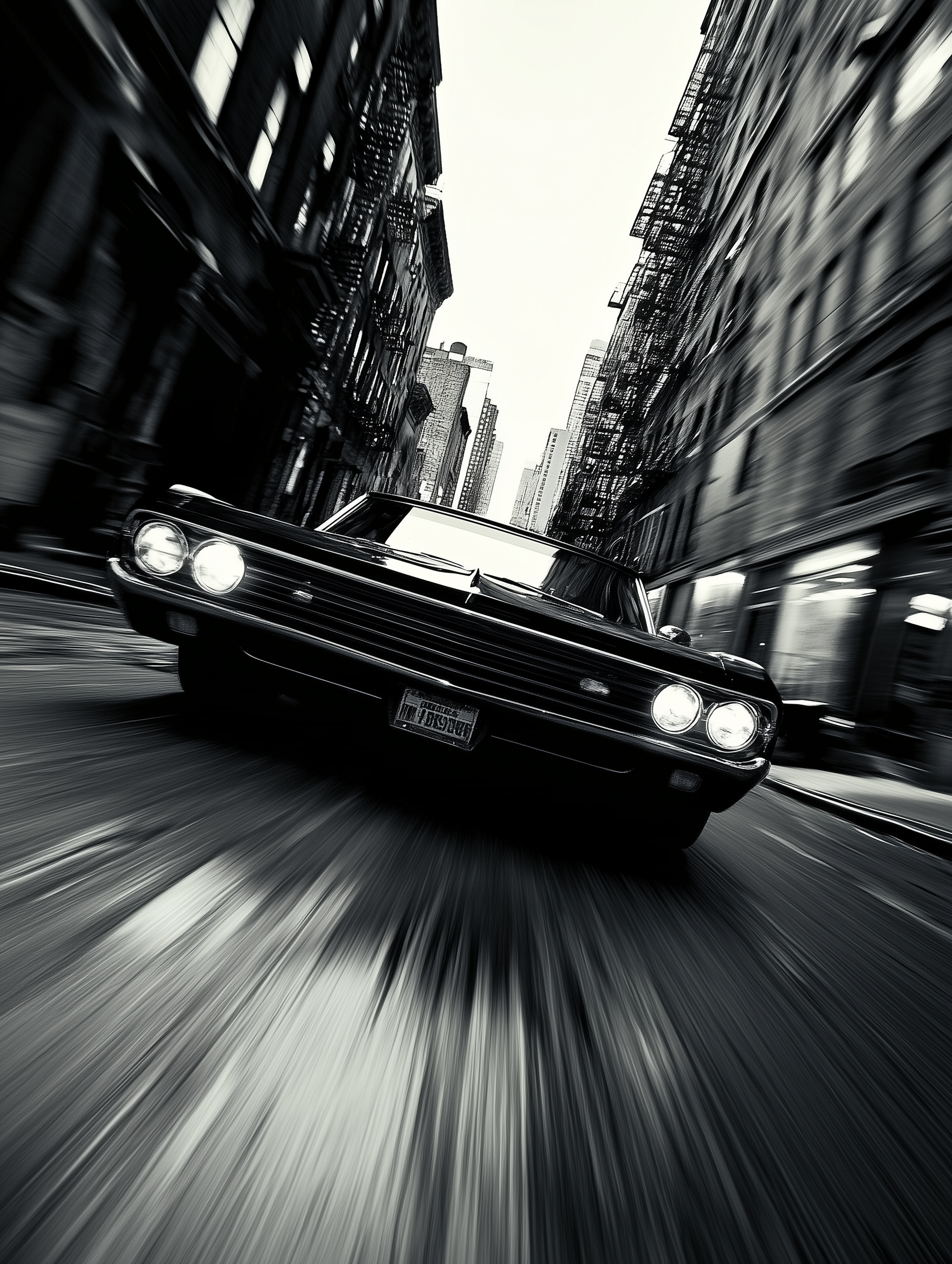 A black vintage muscle car speeding down a city street, with motion blur effects and tall buildings on both sides, shot in black and white.