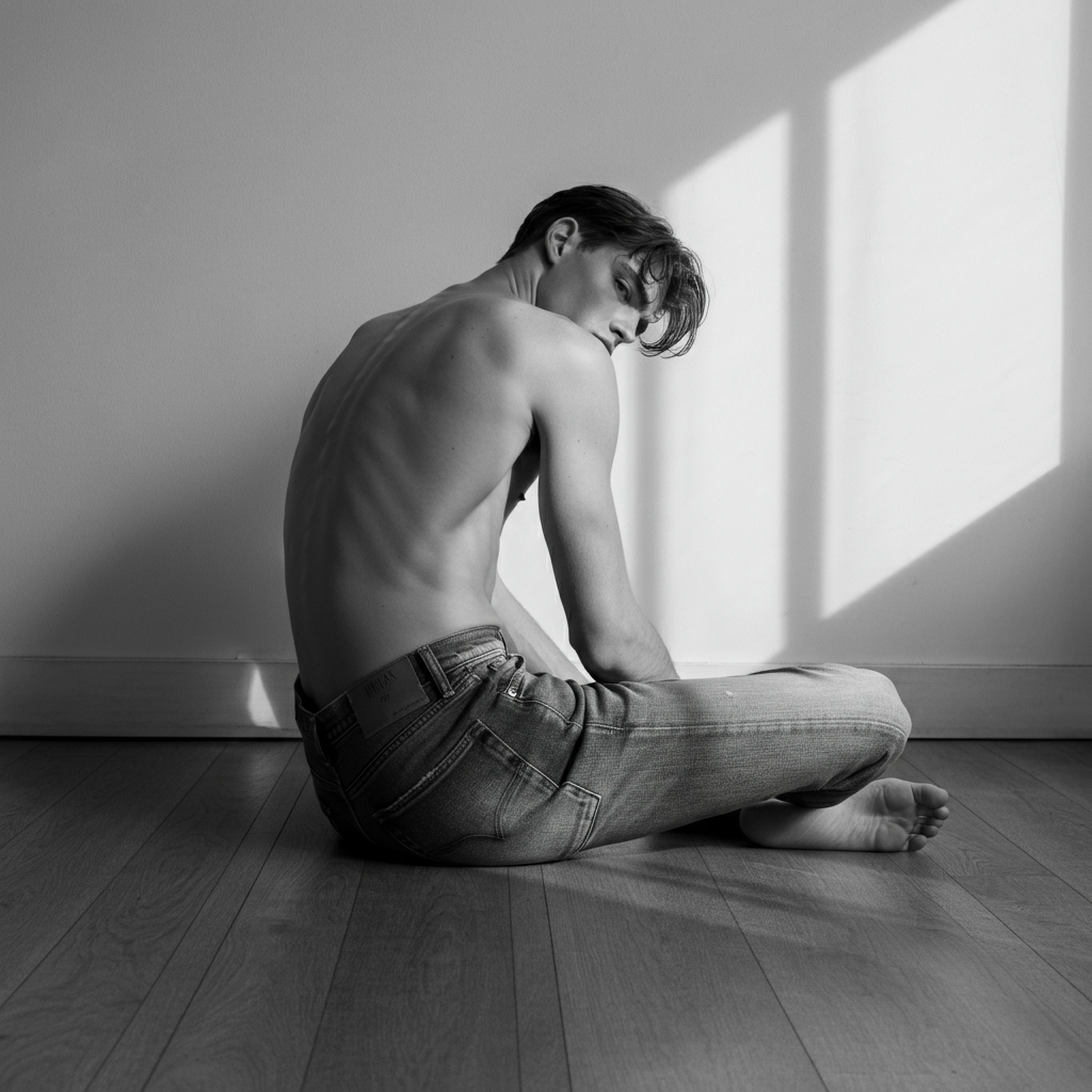 A young man sitting on a hardwood floor, shirtless, with jeans, in front of a wall with sunlight casting a shadow.