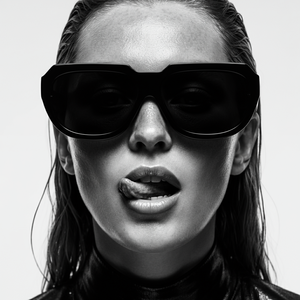 Close-up black-and-white photograph of a woman with wet hair, wearing large sunglasses, with her tongue slightly out and lips parted.
