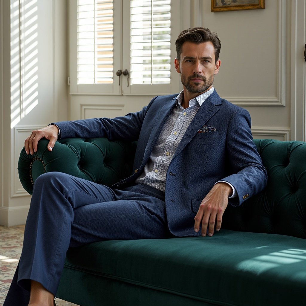 A man in a blue suit sitting on a green couch in a room with white walls and three-window shutters.
