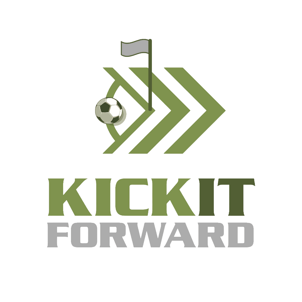 Logo for Kick It Forward featuring a soccer ball in a corner of a sports field with a flag, and the text 'Kick It Forward' below.