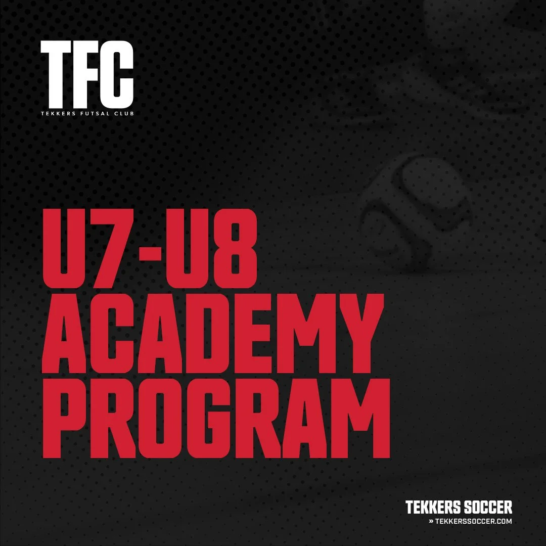 Promotional graphic for Tekkers Futsal Club, U7-U8 academy program, featuring black background with red and white text.