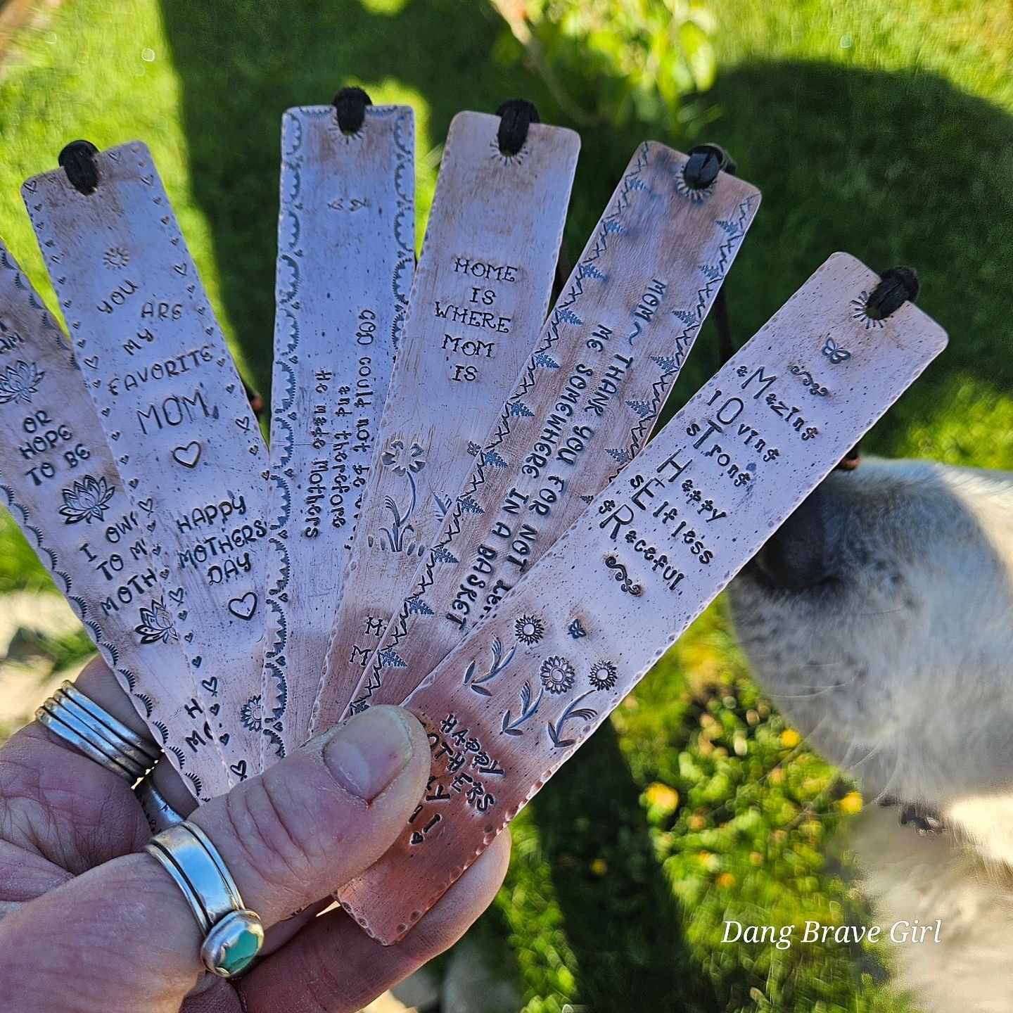 Willie 🐶 approved!

I have a few bookmarks for Mother's Day... they are not on the website, so just message me if you're interested.

$35 shipped (US).

They are all hand stamped copper with leather tassels and copper accent beads.