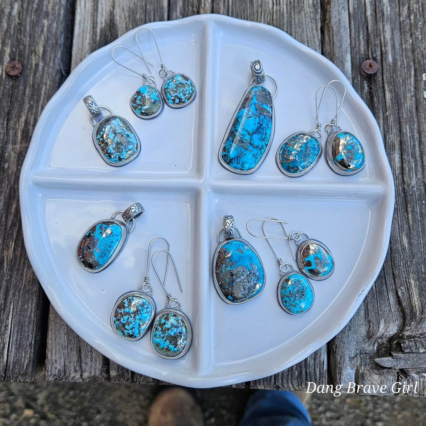 When a friend asks you to create custom sets for his wife and 3 daughters, you do it. He even brought me the turquoise he picked up the last time he was in Quartzsite.

All 4 sets have pendants and earrings made with Nacozari Turquoise, and just look
