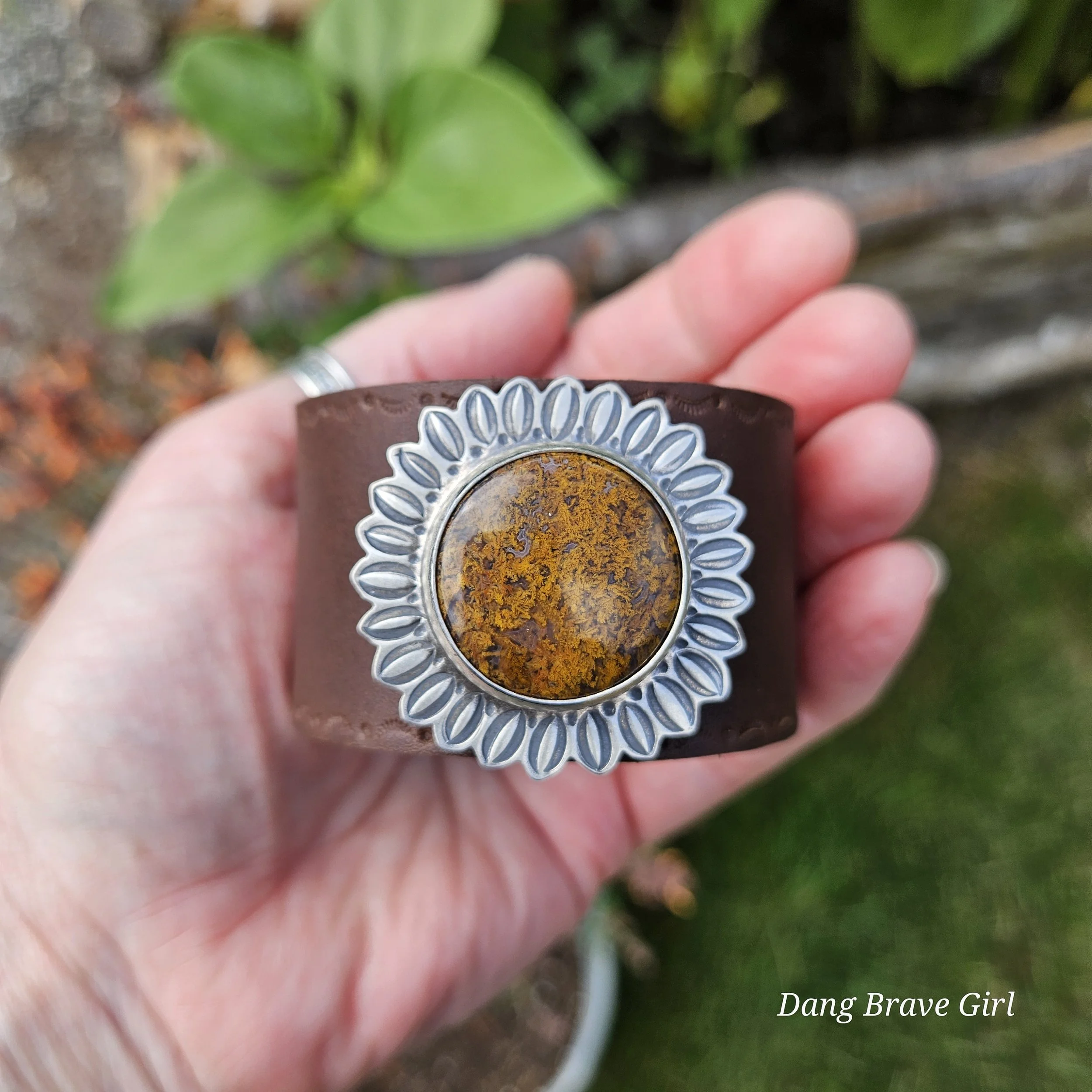 moss agate sunflower leather cuff