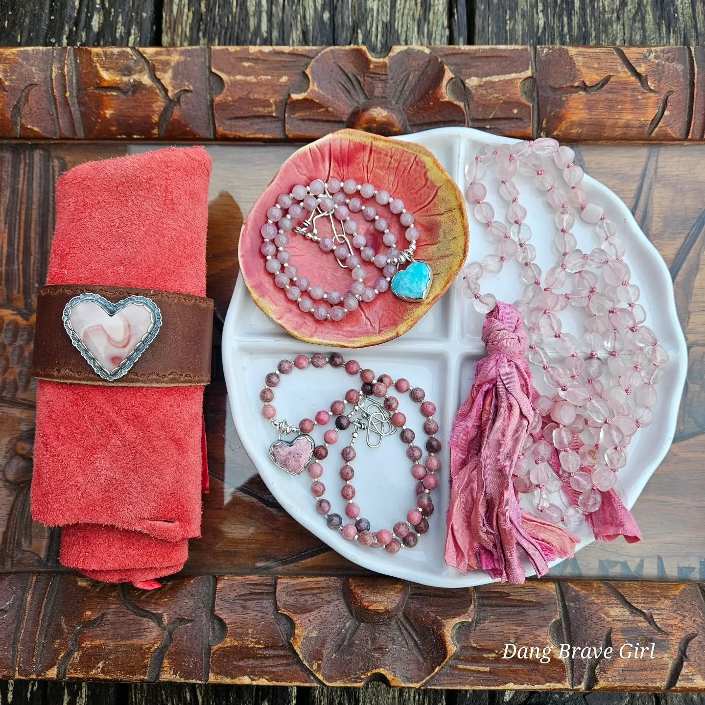 The pinks sure are looking pretty on this rainy Monday morning 🩷.

The Love Collection has just one Mala, and it's Rose Quartz with a sari silk tassel. 
These two necklaces are laced with sterling silver beads and clasps. 
One is all Rhodonite and t