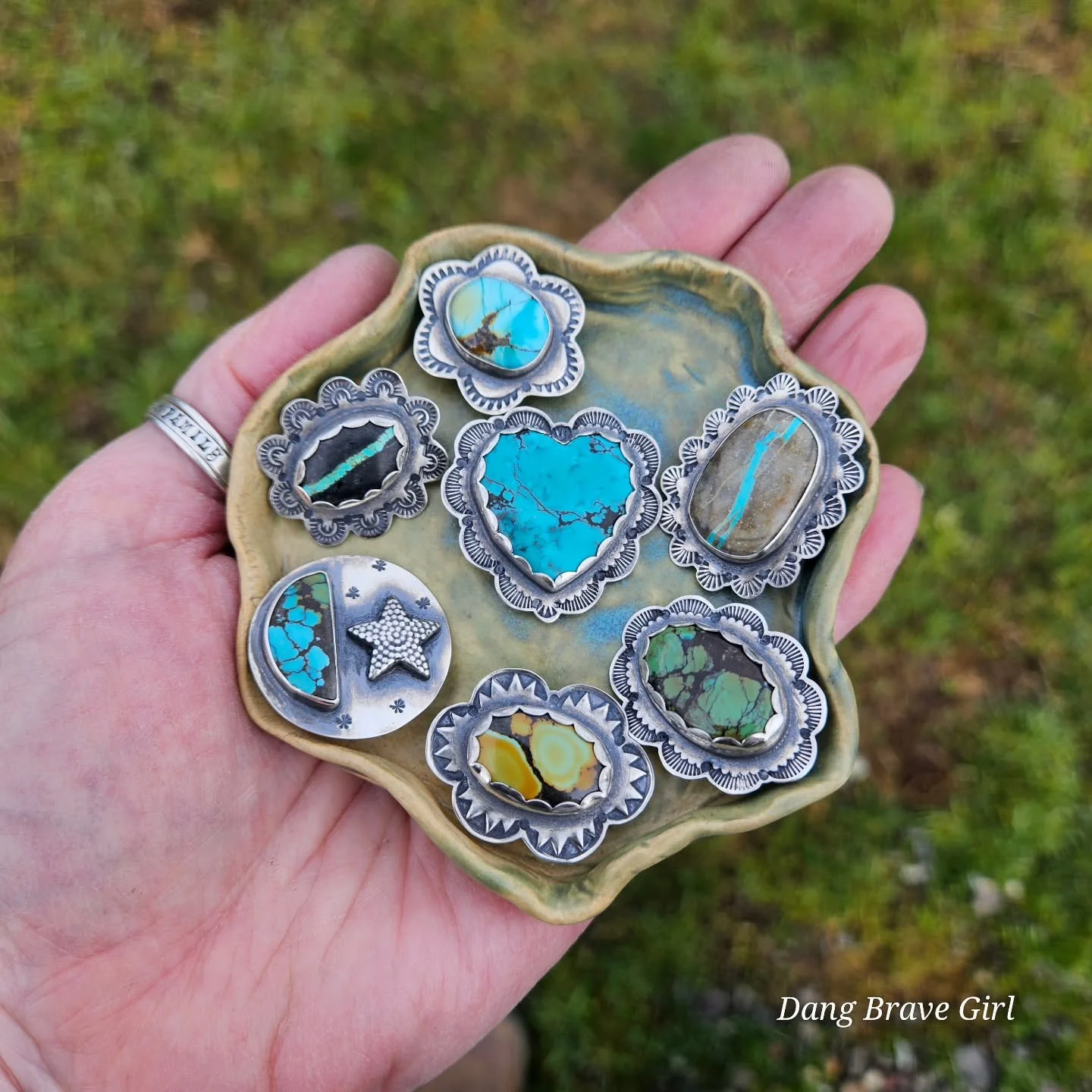 I had a custom request for some concho style 'buttons'  for using on leather.... and of course I made a few extra. These have Chicago screw fasteners on the back and are made to attach to purses, jackets, etc. 

2nd slide/picture shows the 3 I have l