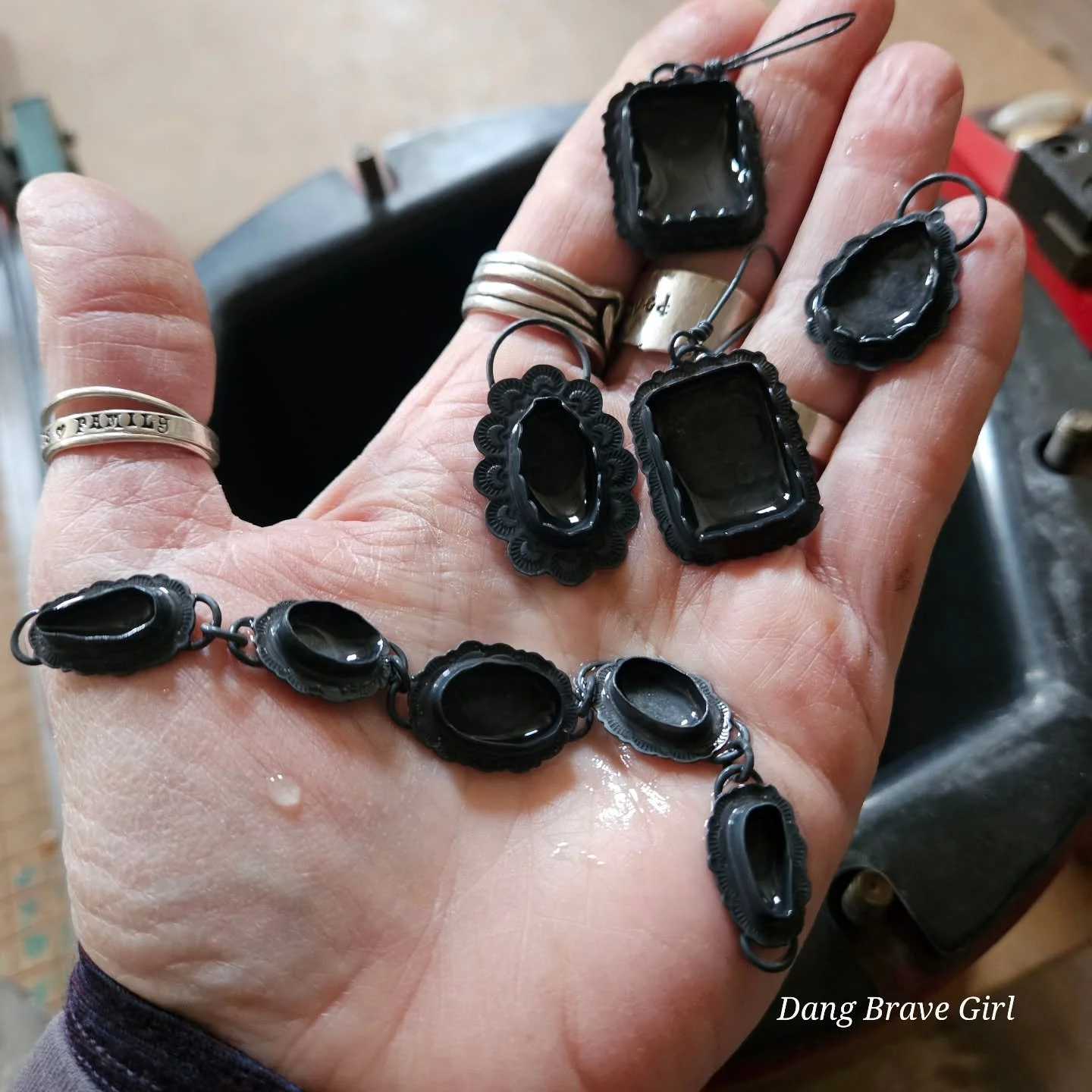 This is always my favorite part in the process. At this stage, the building of pieces is basically done.... just stones and a final polish are left.... but there is something about this part.... you've worked hard designing, soldering, sawing, stampi