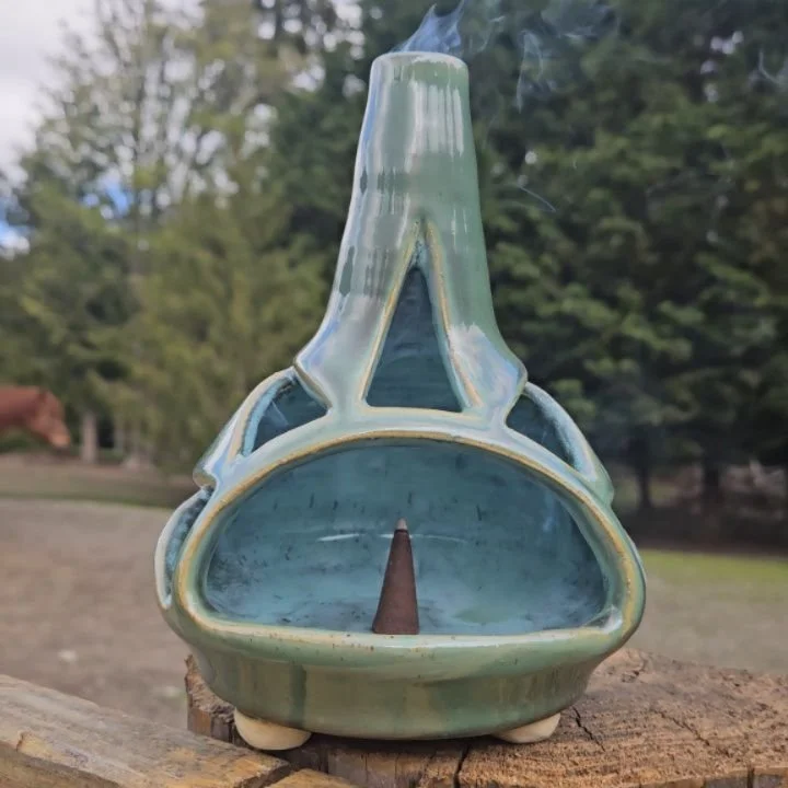 Sun Rays &amp; Night Moves chimineas.... they are so cool.... the first one is the larger of the two and you could even fit a good sized Palo Santo stuck in there. It's got that gorgeous Iridescent Green glaze on the outside with Floating Blue inside