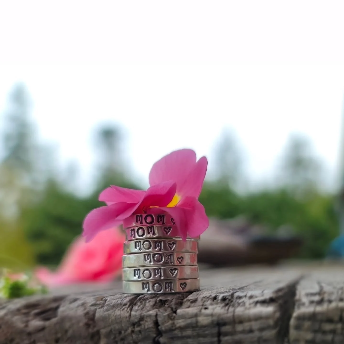 Sweet stackers for the original sweetie.... Mom! 

Sterling silver rings, hand stamped with 'mom' and a heart. 

I have a handful ready in the shop ❤️