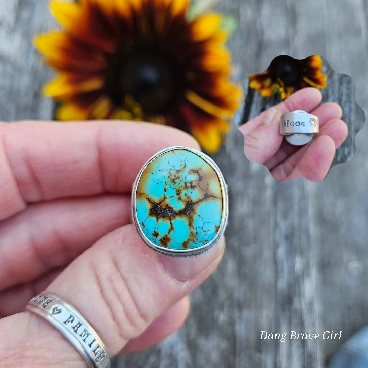 Bloom 🌻

These 2 turquoise rings are both in the new Sunflower Collection and while they both have the same sentiment stamped on the band, they are very different from each other.
One has a chunky, Live Edge band and they other is a slimmer, stacker