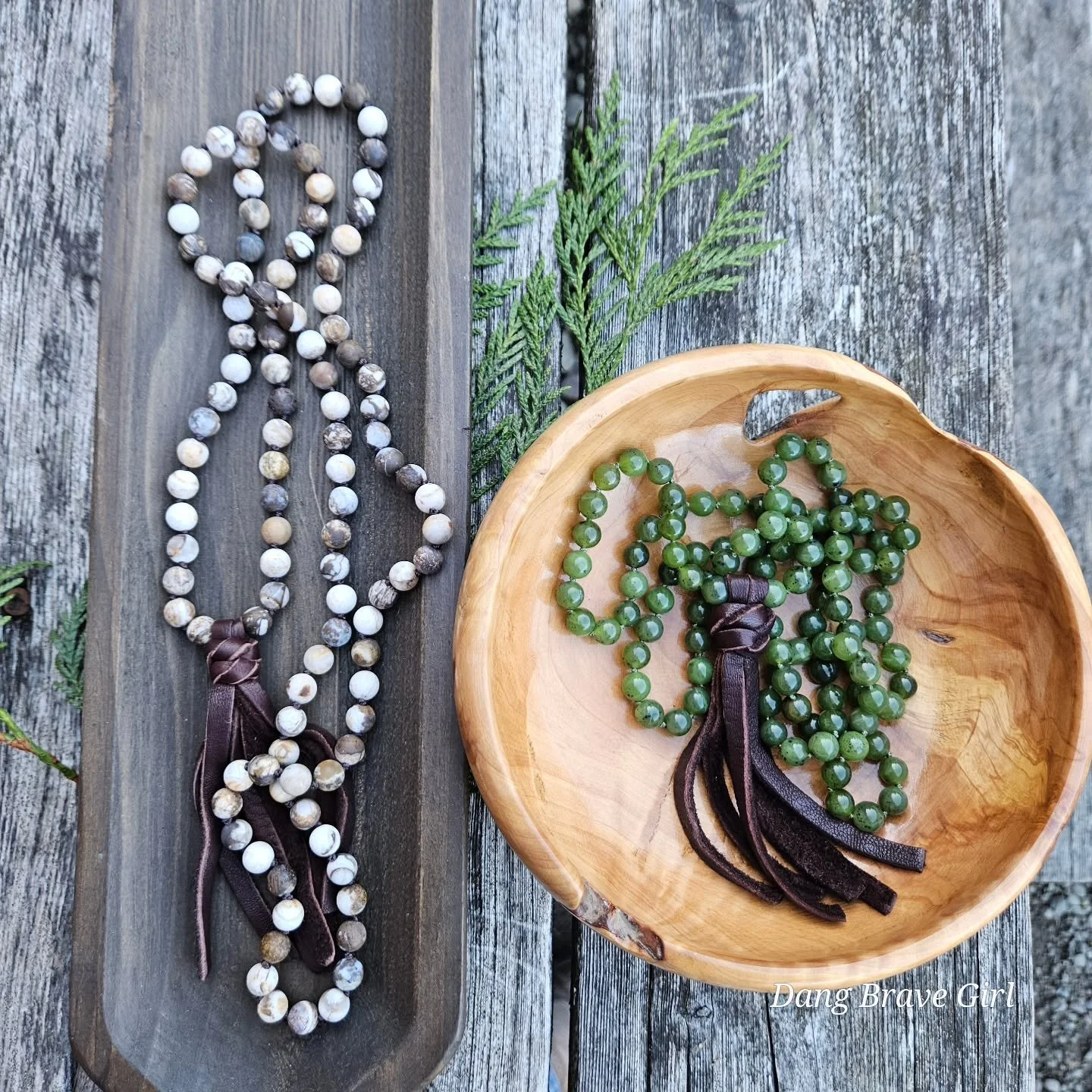 There will be 2 Malas in the She Talks To Trees Collection 🌲. 

Petrified Wood &amp; Jade.... both hand knotted and complimented with my leather tassels. I didn't add pendants to either one and I love the look and feel of just the stones and leather