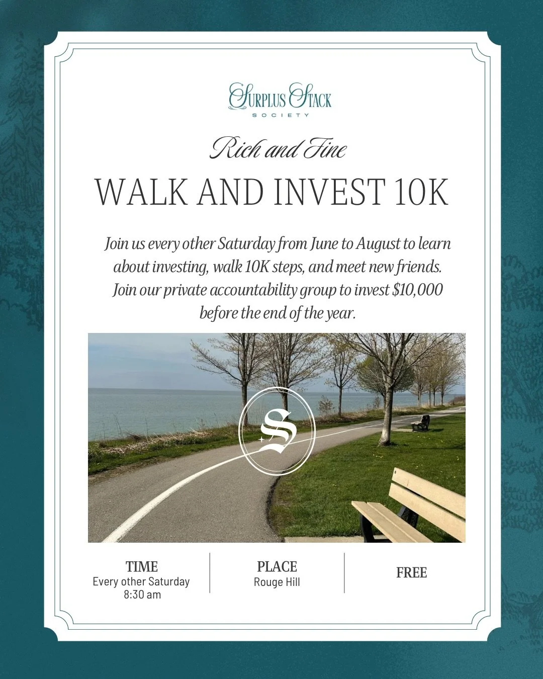 It&rsquo;s about to be a Rich &amp; Fine summer! 

Join our summer challenge - Walk and Invest 10K.

Every other Saturday, we meet at the park to learn about investing, then we get our steps in while mingling with other ladies.

Then for the rest of 