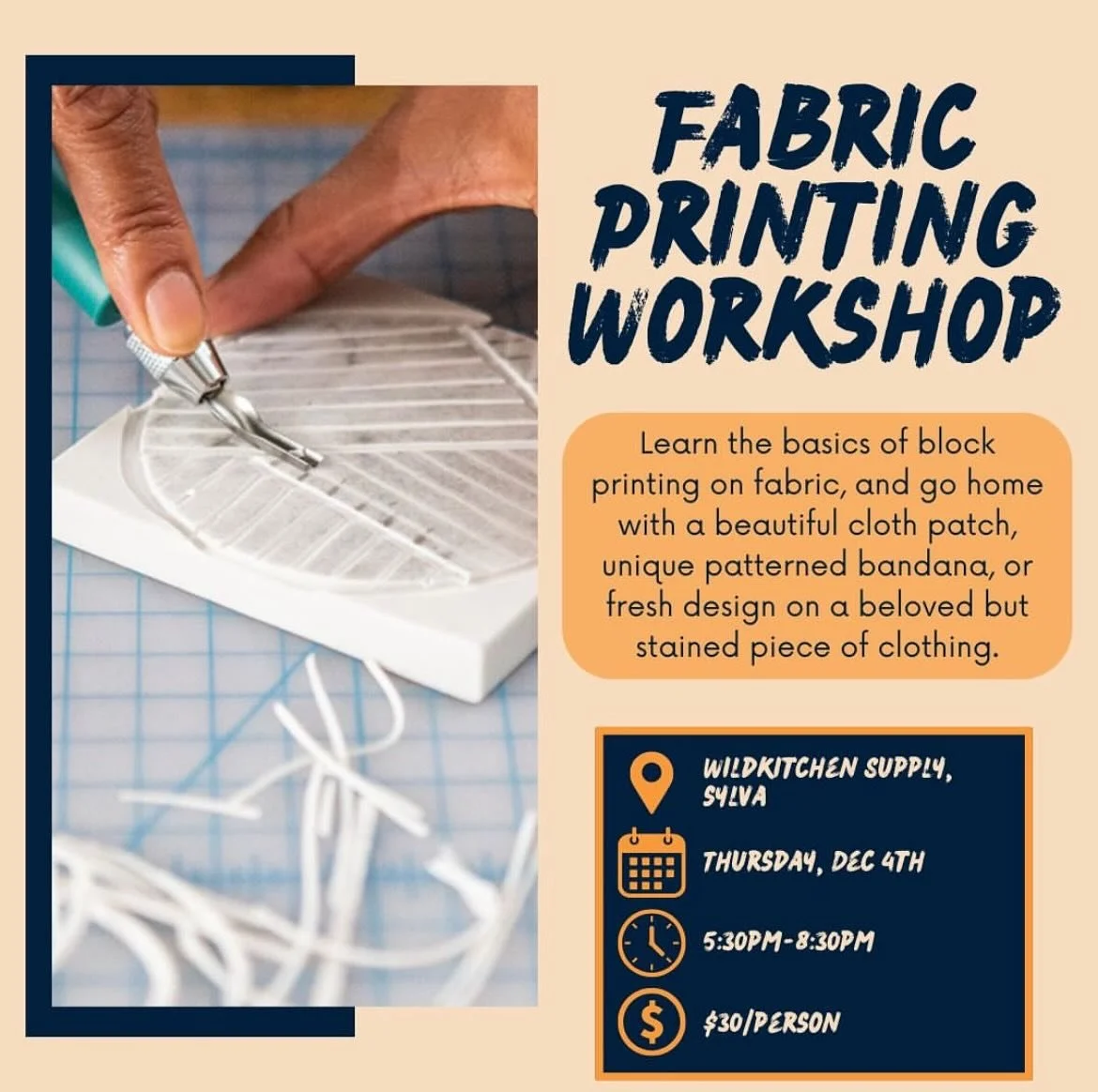 We would love for you to join us for this crafty, 3 hour workshop to learn the basics of block printing on fabric. 

Spend a joyful evening creating and connecting with a fun and positive community, and go home with a beautiful cloth patch, a pattern